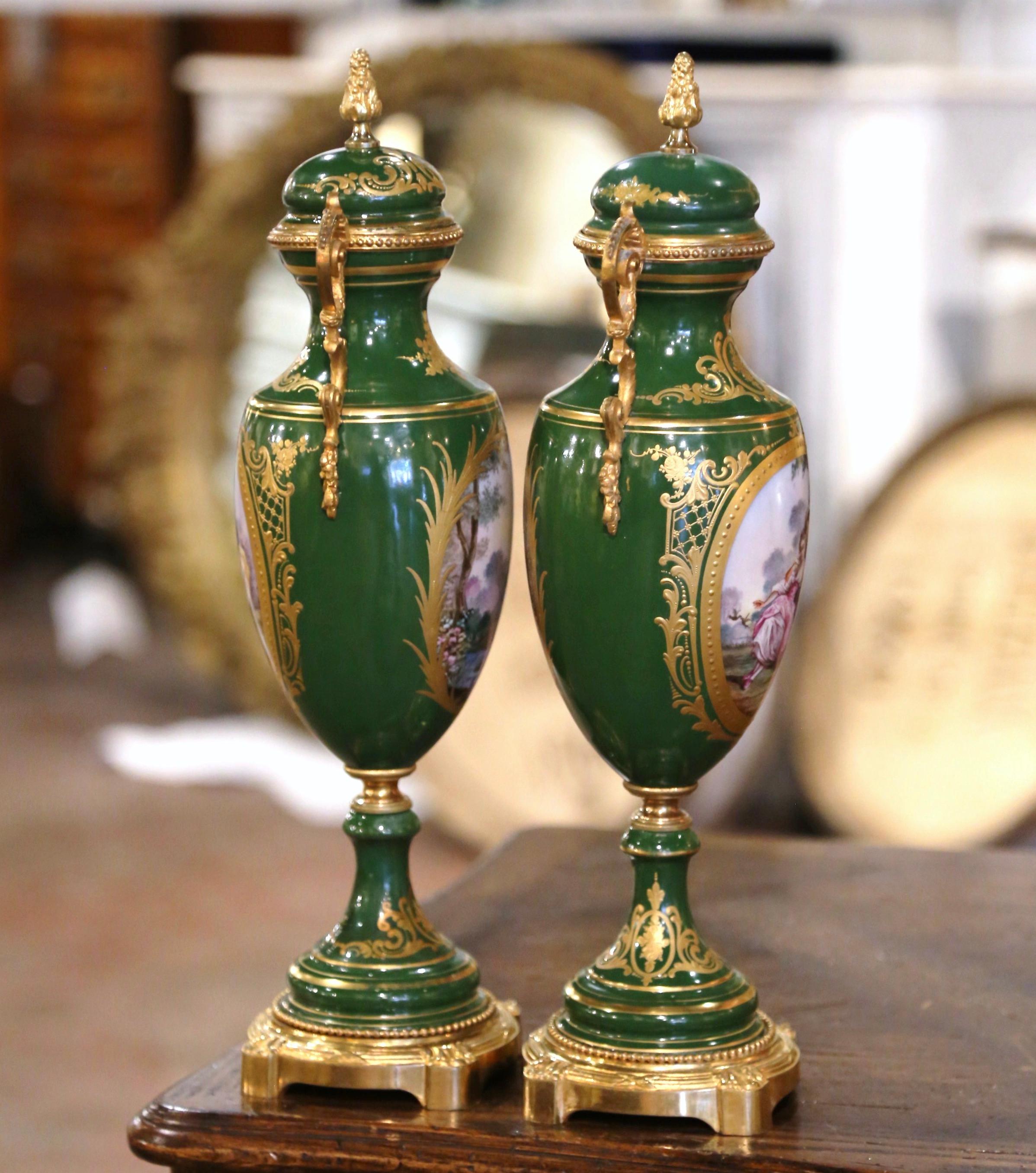 Pair of 19th Century French Sevres Gilt Metal and Painted Porcelain Covered Urns For Sale 7