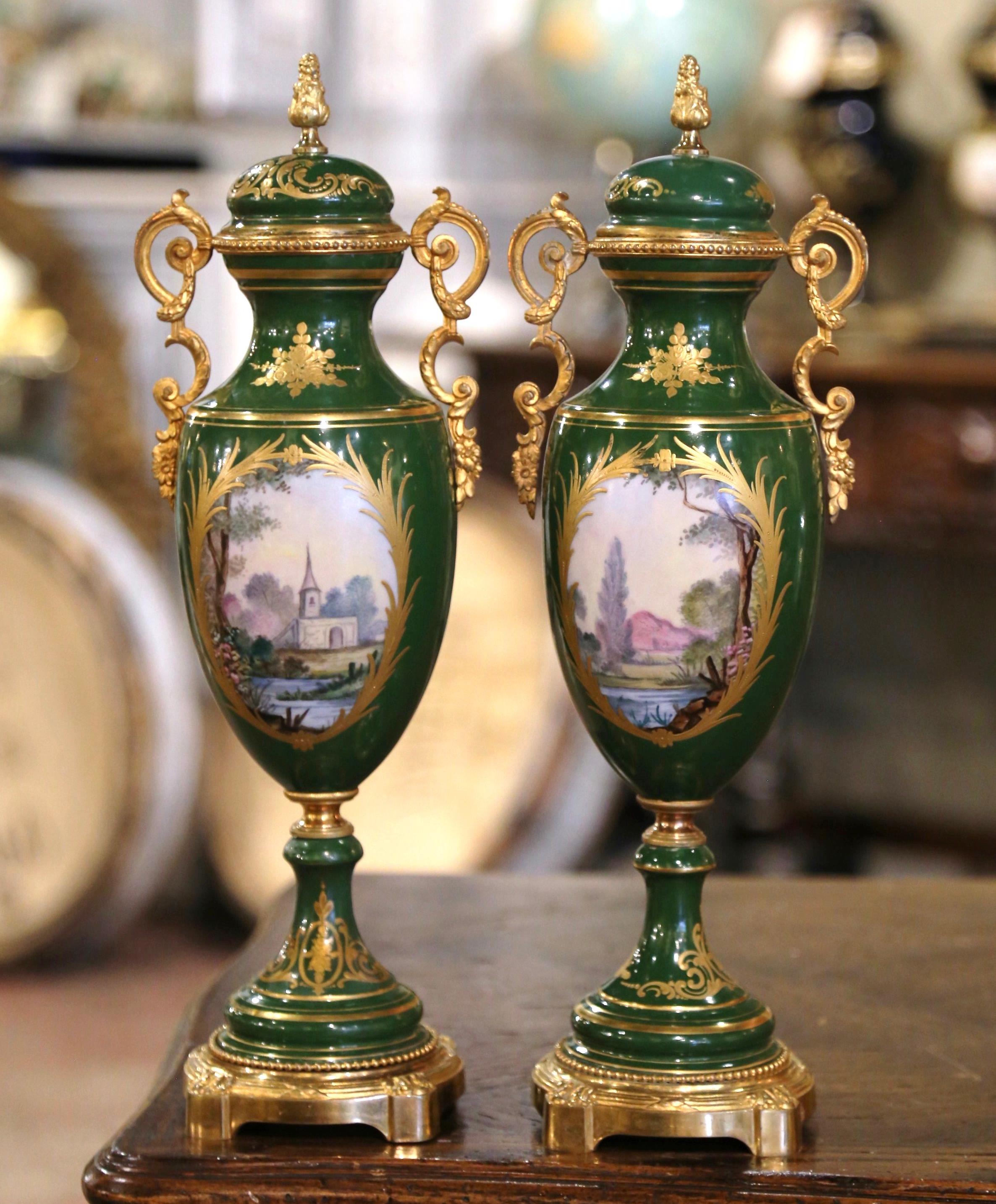 Pair of 19th Century French Sevres Gilt Metal and Painted Porcelain Covered Urns For Sale 8
