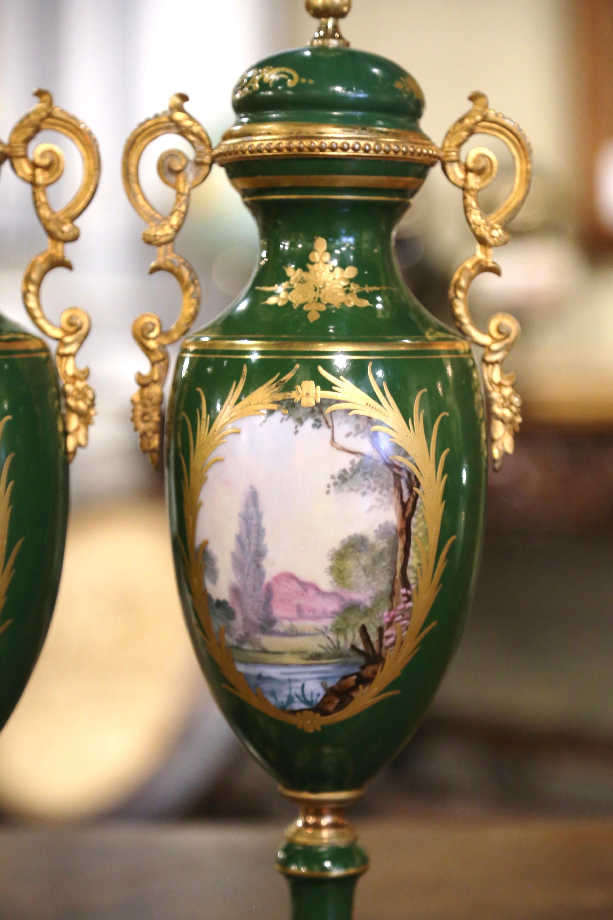 Pair of 19th Century French Sevres Gilt Metal and Painted Porcelain Covered Urns For Sale 10