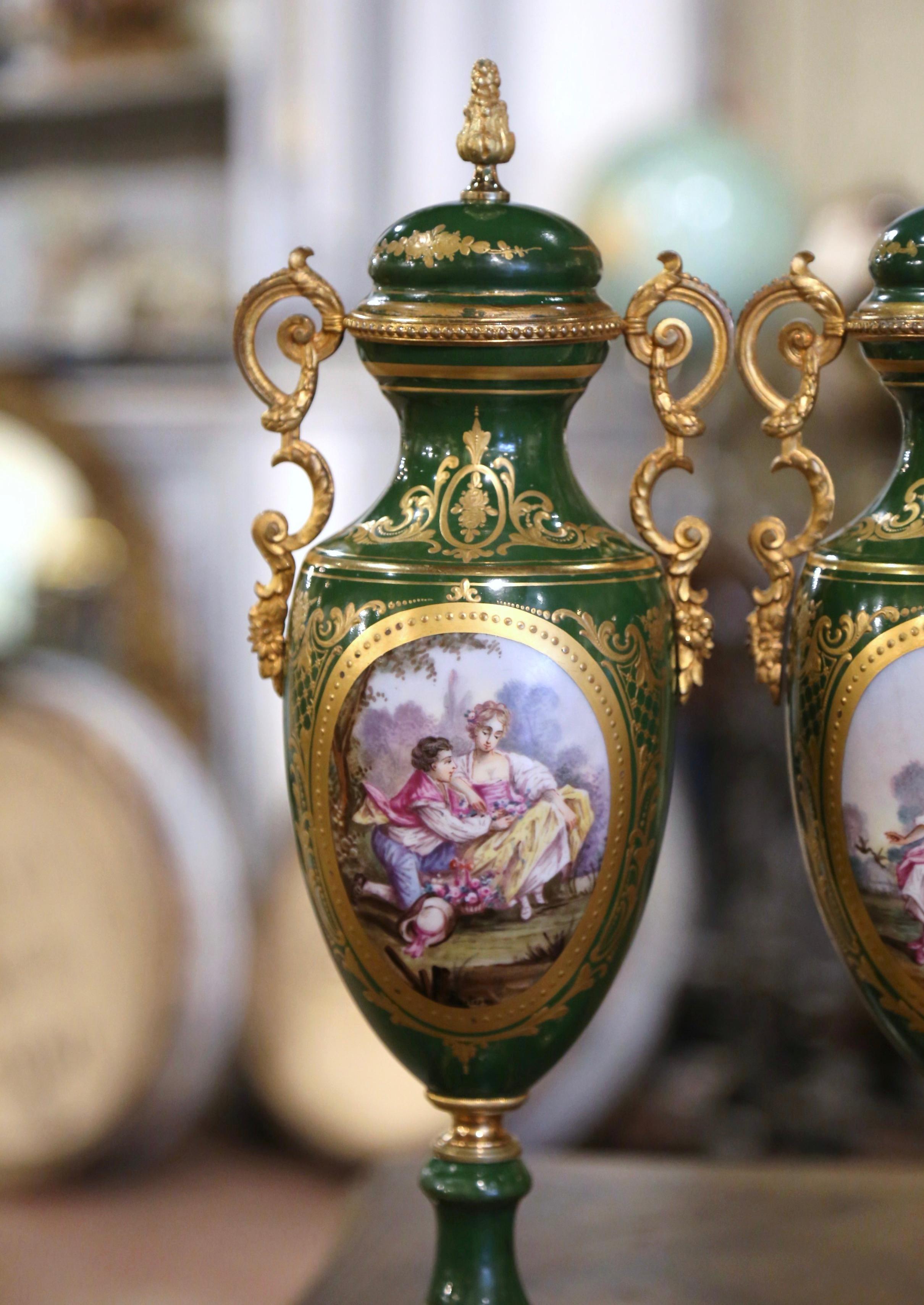 Pair of 19th Century French Sevres Gilt Metal and Painted Porcelain Covered Urns In Excellent Condition For Sale In Dallas, TX