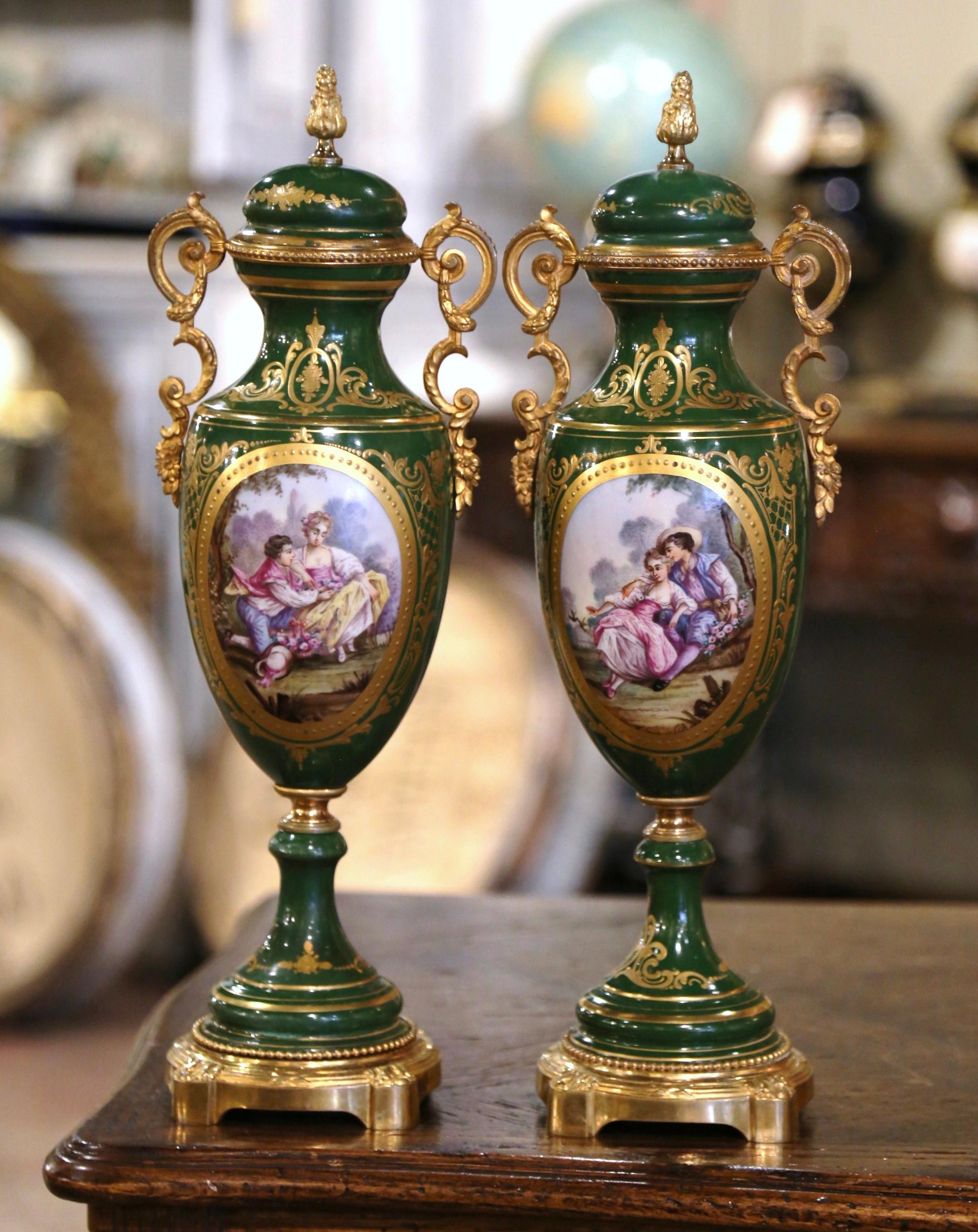 Pair of 19th Century French Sevres Gilt Metal and Painted Porcelain Covered Urns For Sale 2