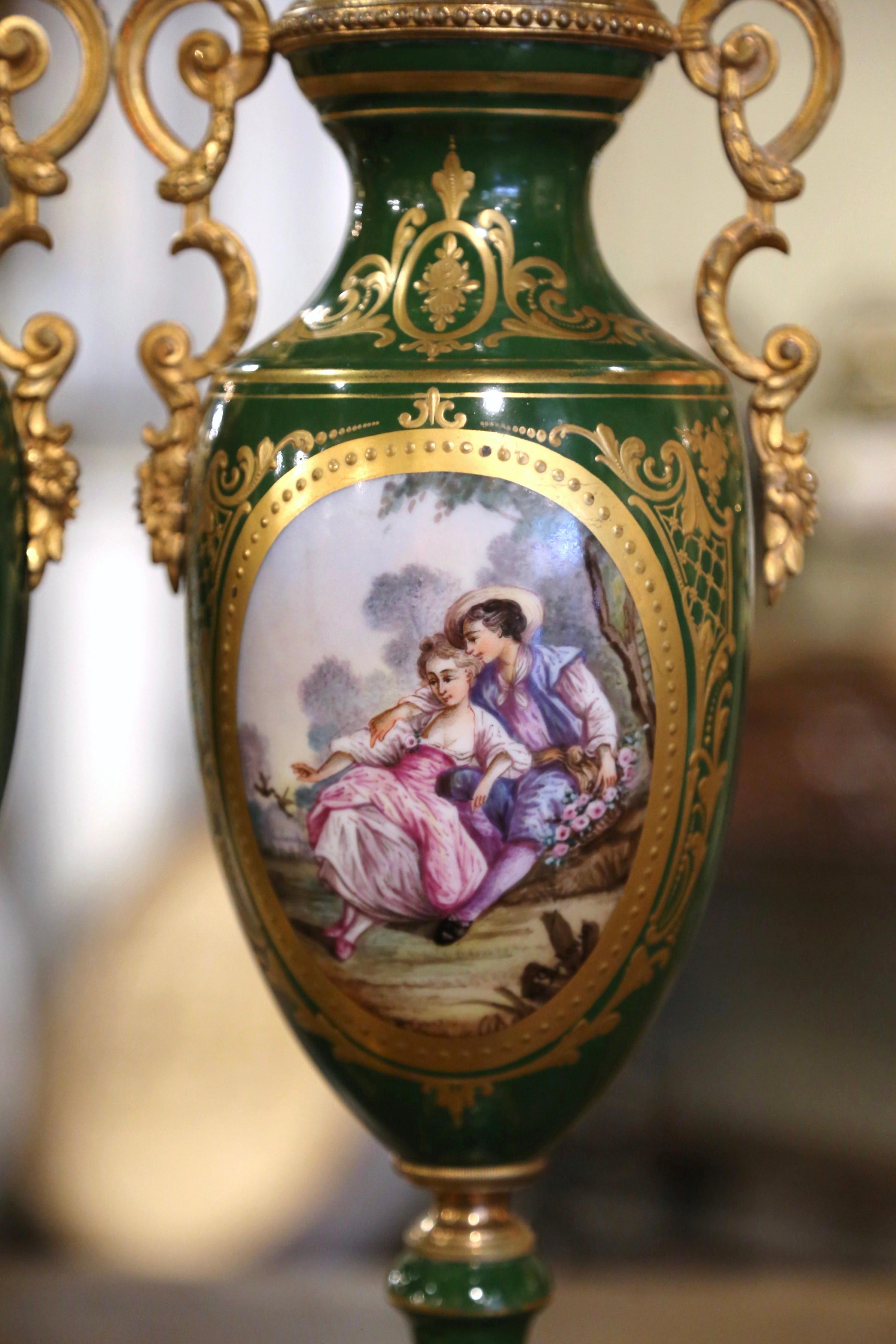 Pair of 19th Century French Sevres Gilt Metal and Painted Porcelain Covered Urns For Sale 4