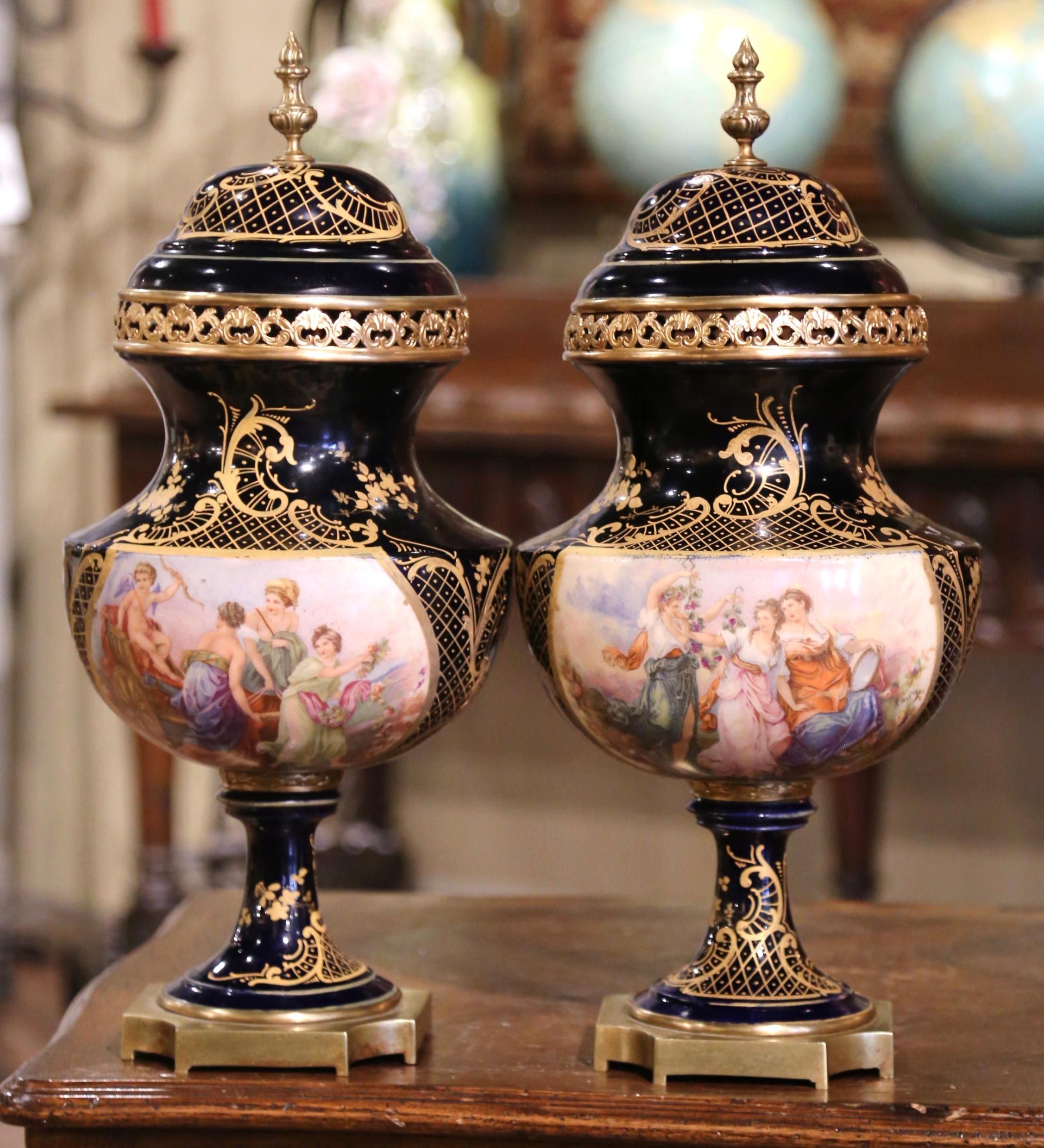Brass Pair of 19th Century French Sevres Royal Blue Porcelain & Bronze Covered Urns For Sale