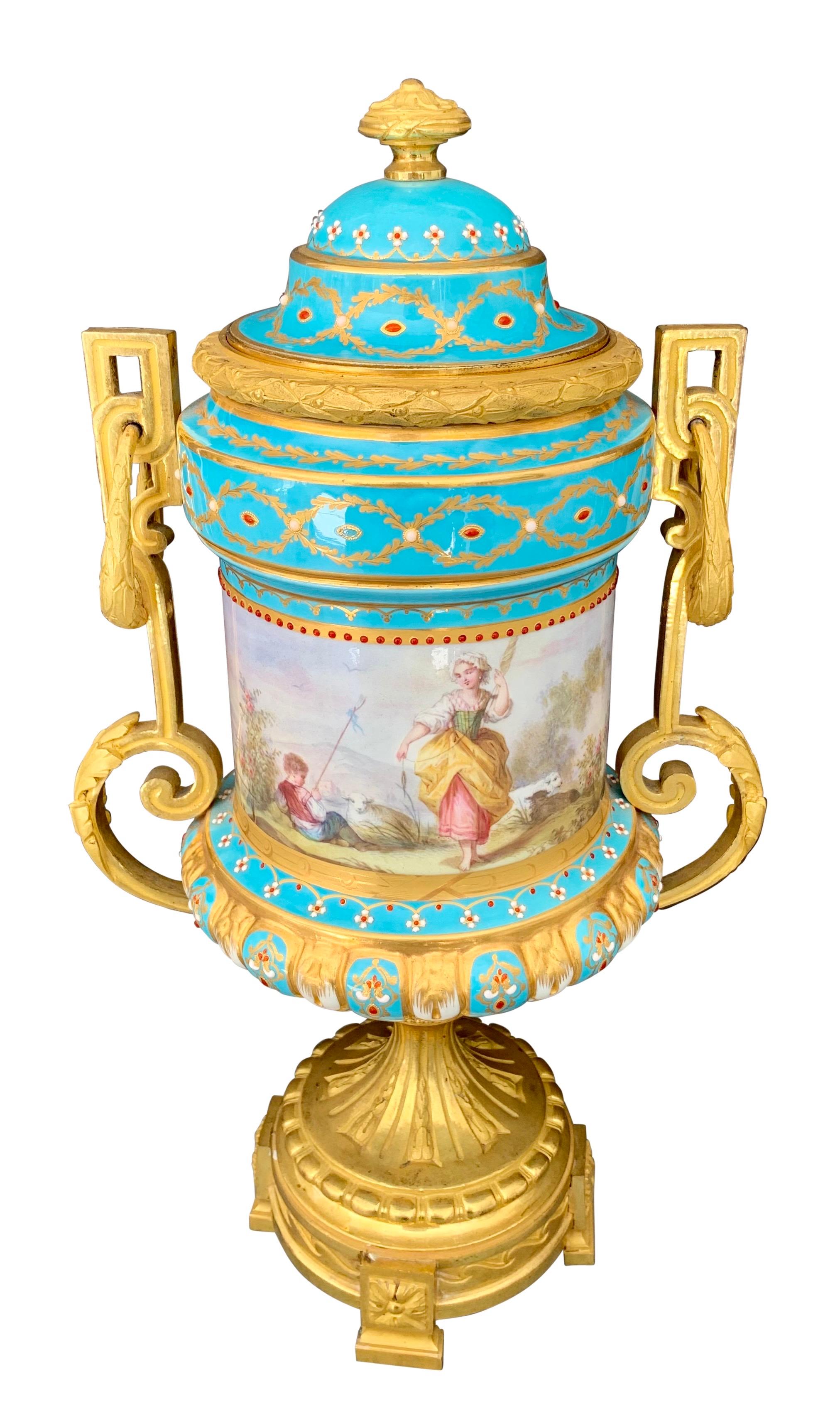 Hand-Painted Pair of 19th Century French Sevres Style Jeweled Porcelain Urns/Vases For Sale