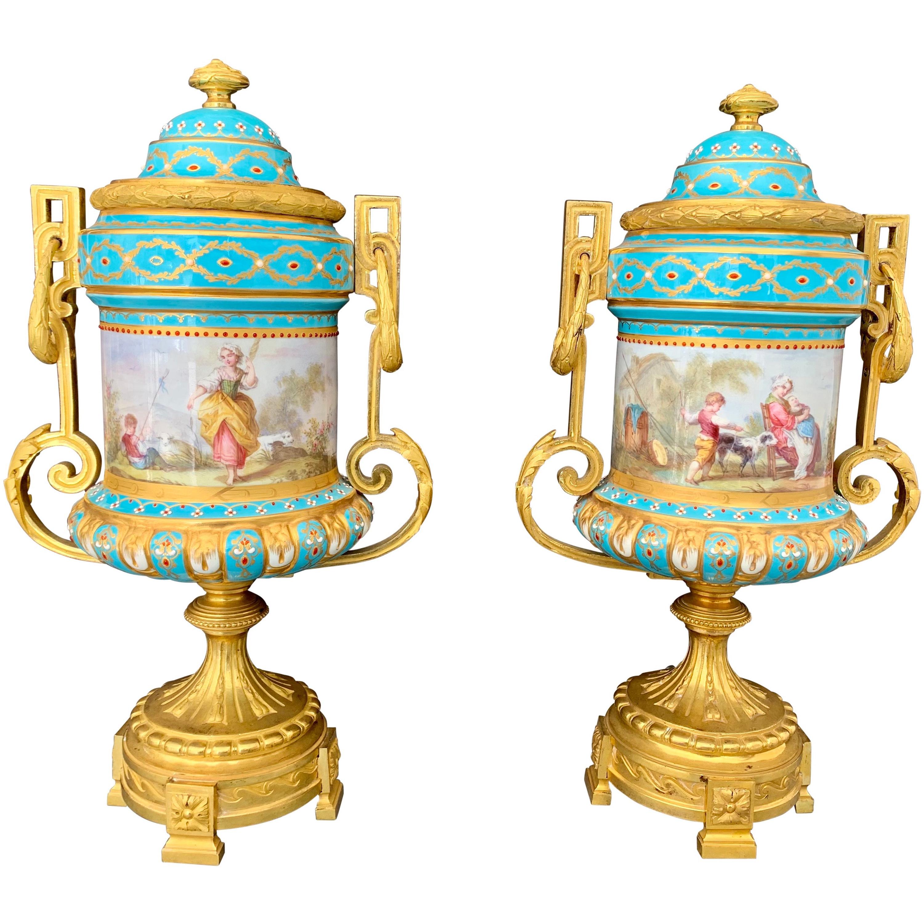 Pair of 19th Century French Sevres Style Jeweled Porcelain Urns/Vases