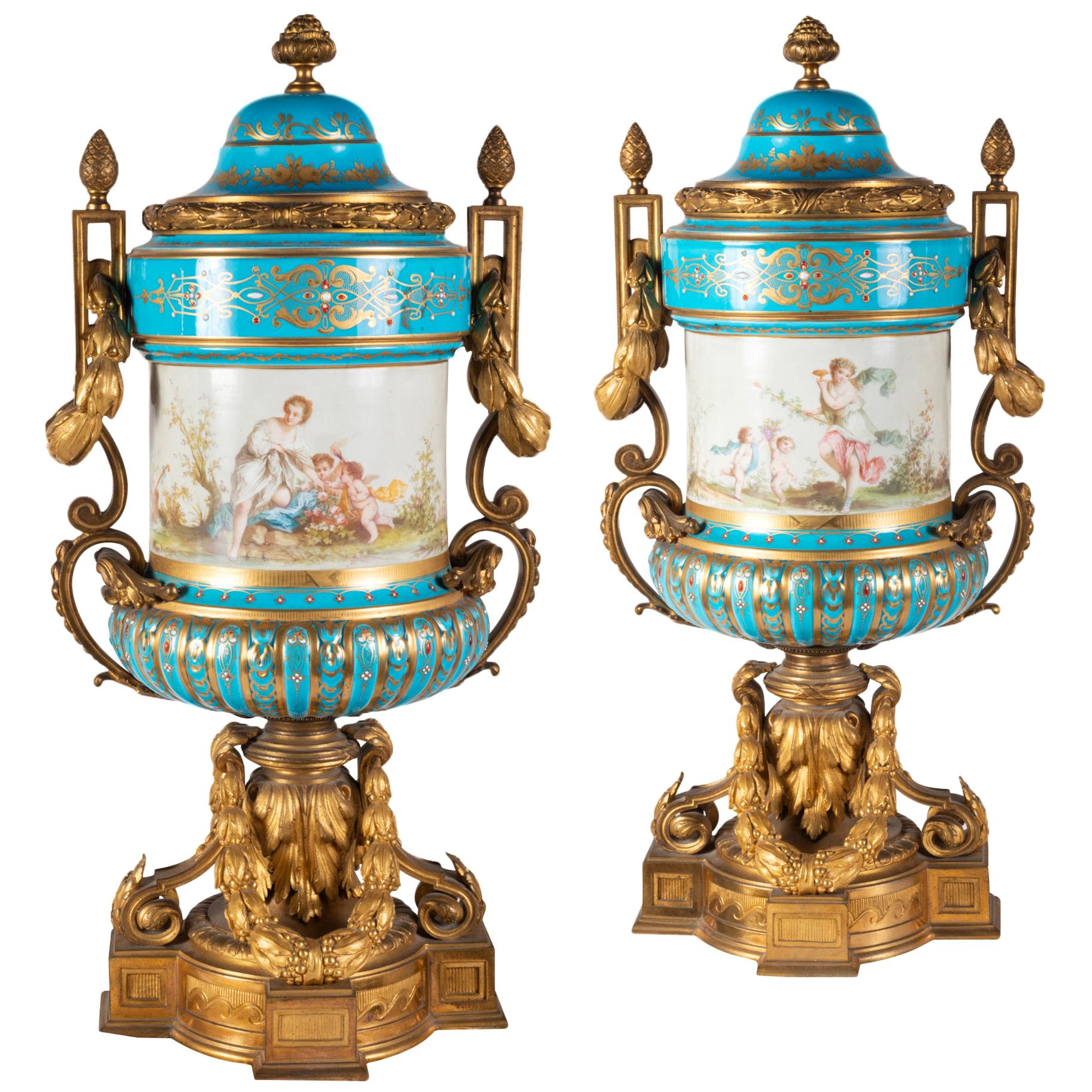 Pair of 19th Century French Sevres Style Lidded Vases