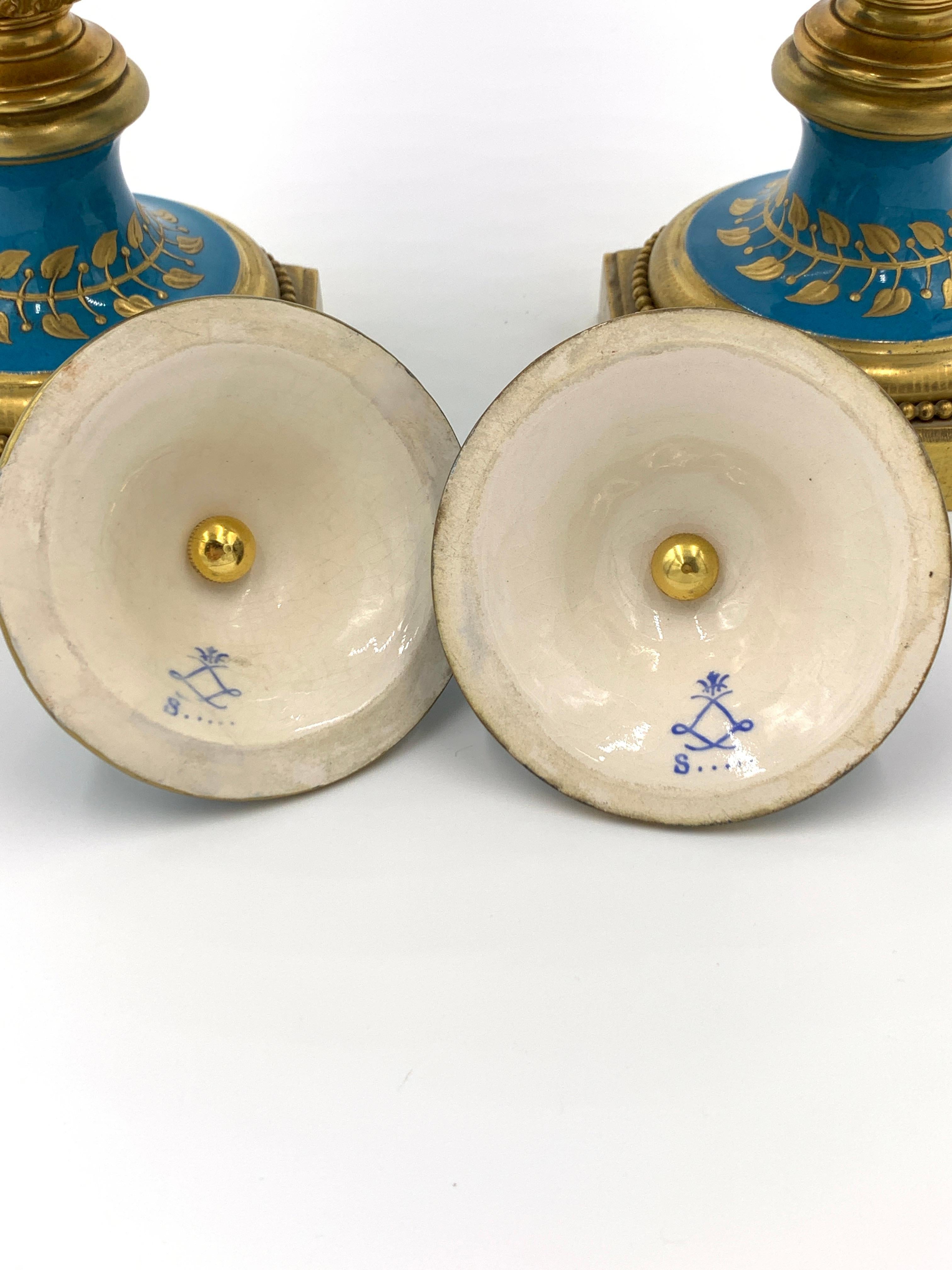 Pair of 19th Century French Sevres Style Sky Blue Vases For Sale 4