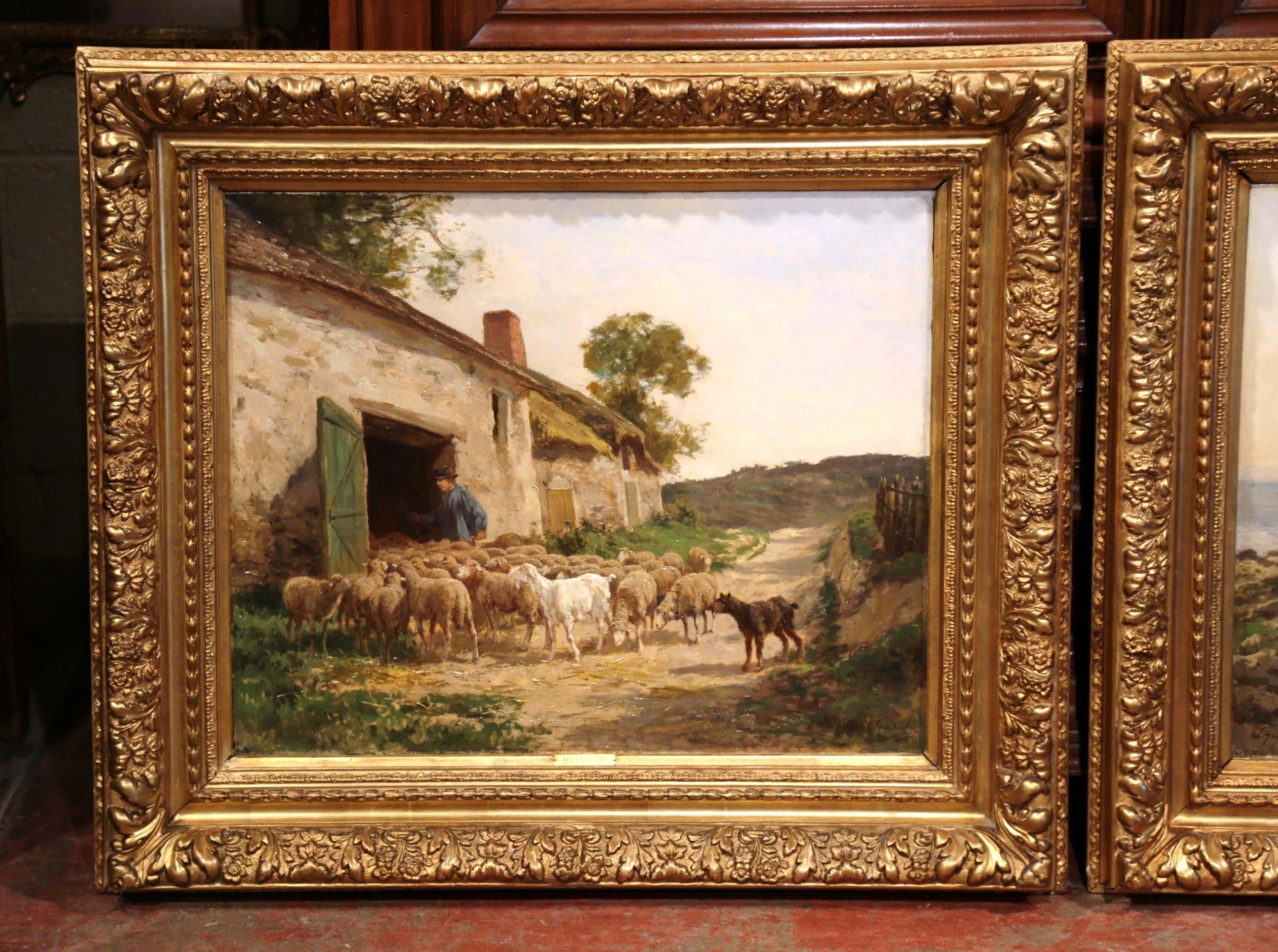 Beautiful pair of antique paintings in giltwood frames, created in France, circa 1880, each canvas depicts a pastoral scene with shepherds attending their flock. Both pieces are signed on the lower left by French artist Charles Henri Quenton and