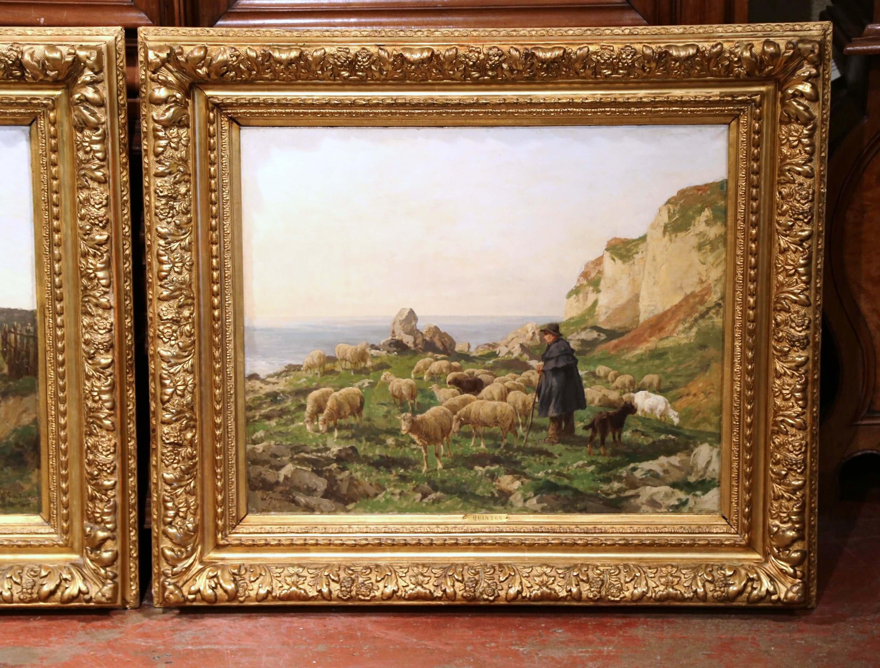 Pair of 19th Century French Sheep Oil Paintings in Gilt Frames Signed C. Quinton In Excellent Condition In Dallas, TX