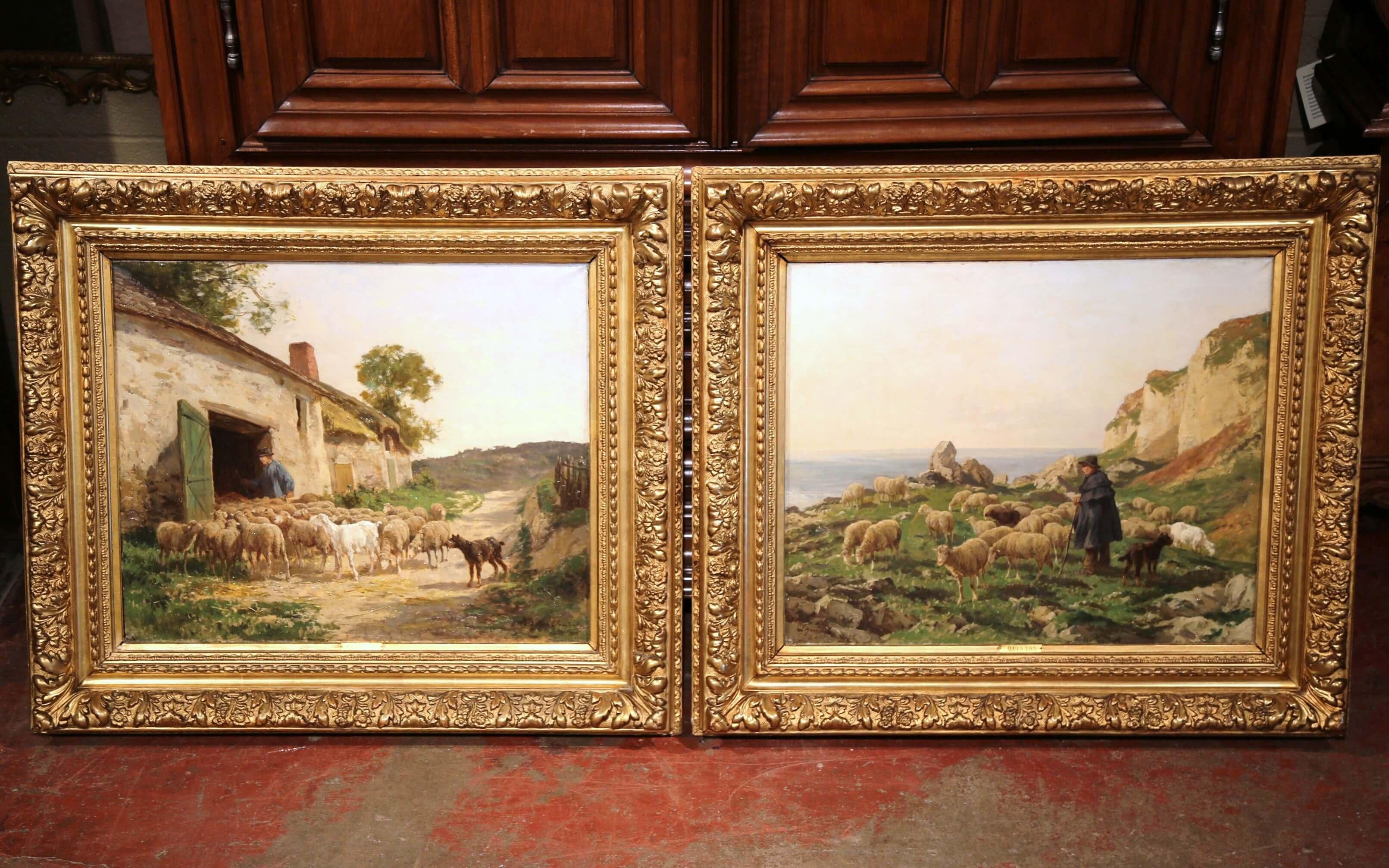 Pair of 19th Century French Sheep Oil Paintings in Gilt Frames Signed C. Quinton 1