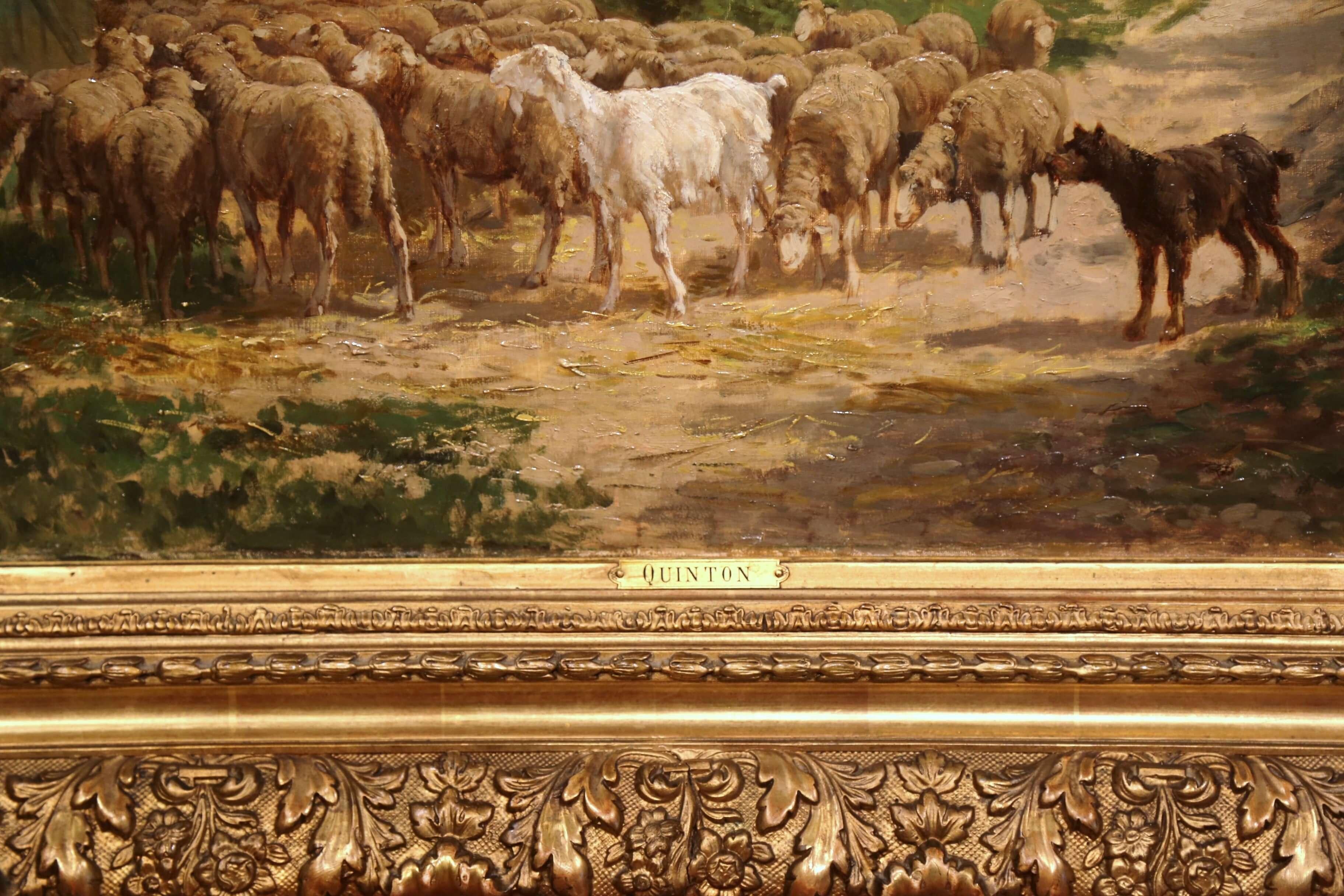 Pair of 19th Century French Sheep Oil Paintings in Gilt Frames Signed C. Quinton 2