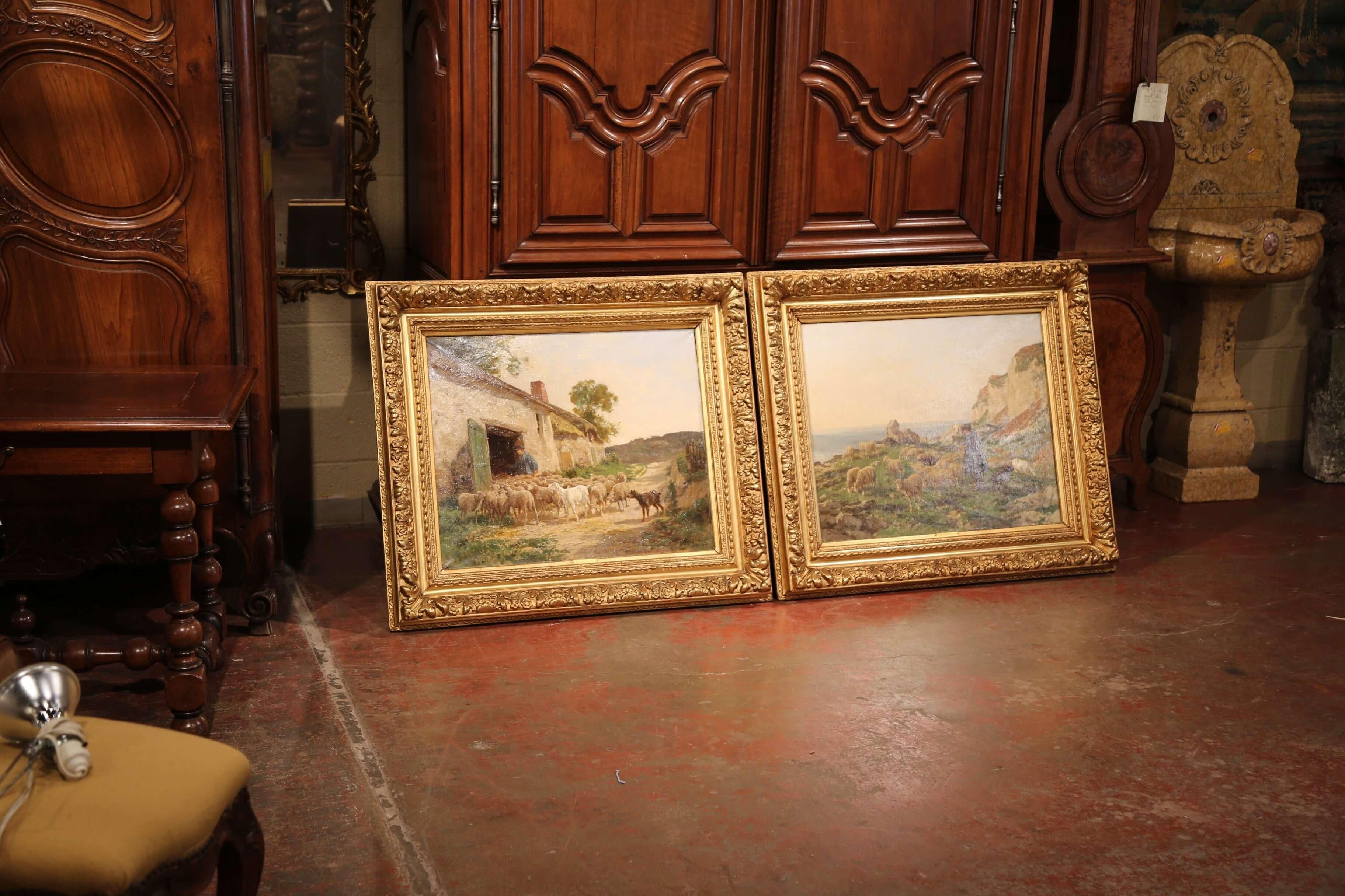 Pair of 19th Century French Sheep Oil Paintings in Gilt Frames Signed C. Quinton 4