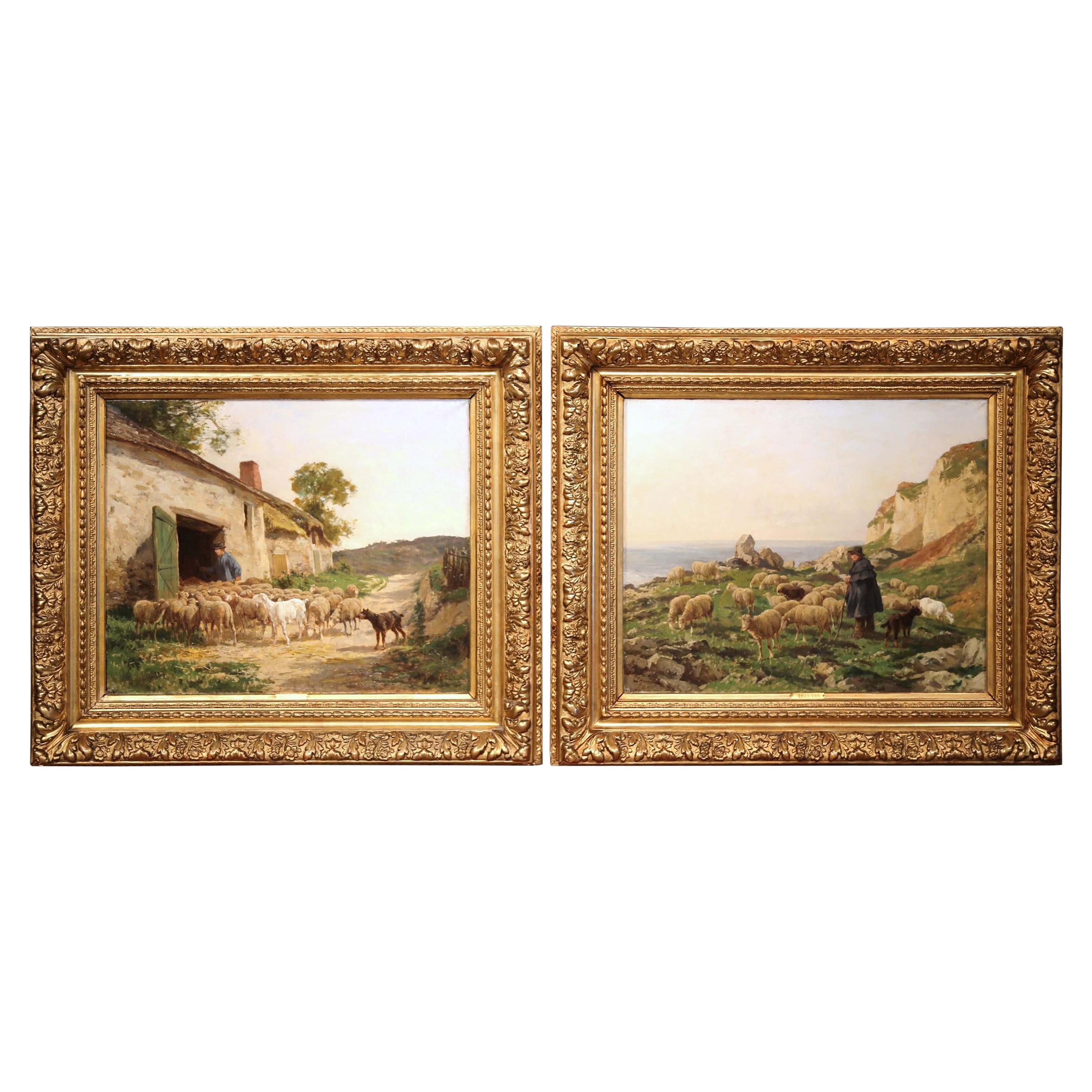 Pair of 19th Century French Sheep Oil Paintings in Gilt Frames Signed C. Quinton