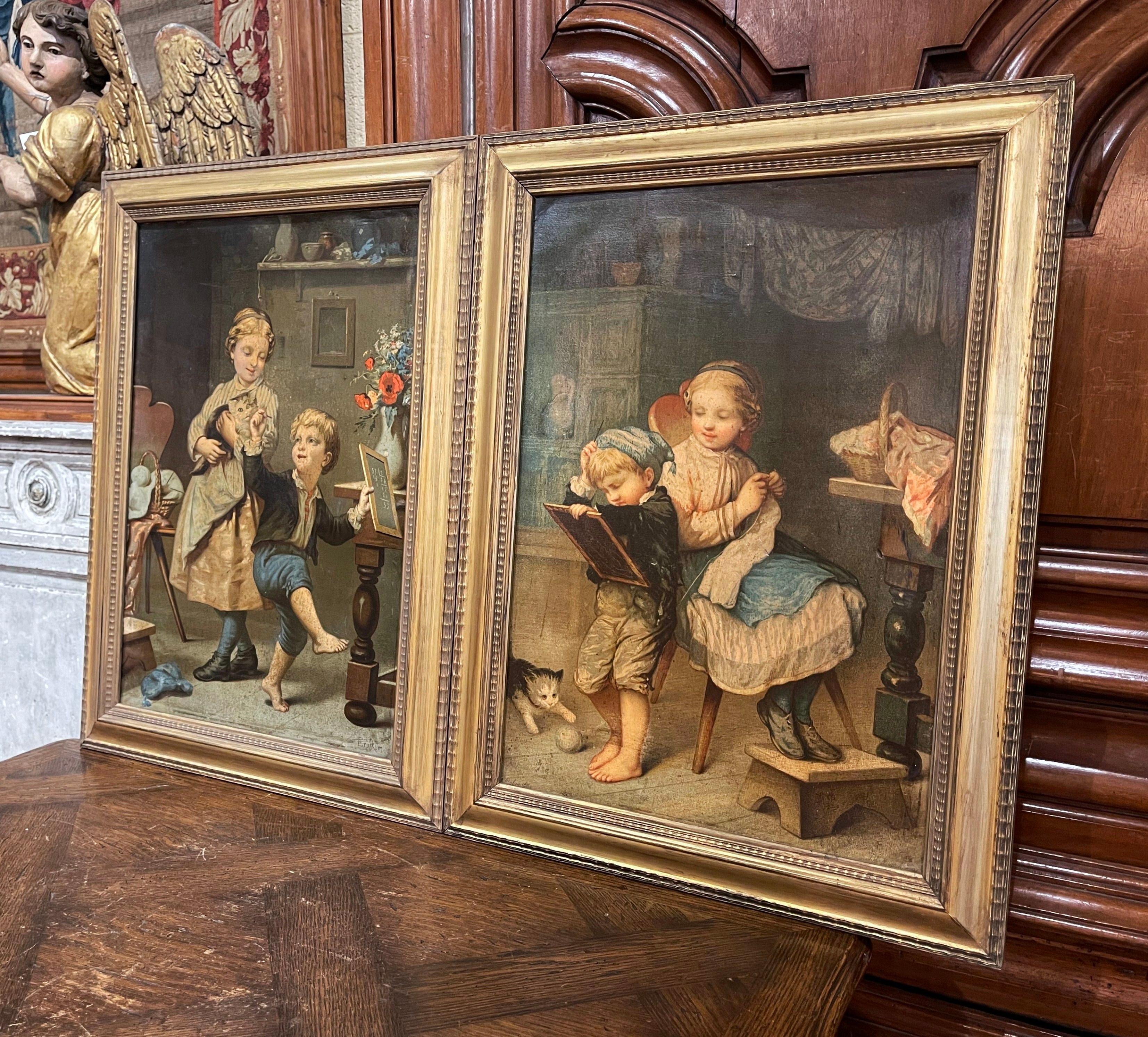 These elegant antique chromo lithographs were created in Normandy circa 1880. Set in a carved gilt frame from later addition, each artwork depicts joyful children at play; both scenes depict a young boy learning arithmetic supervised by her older