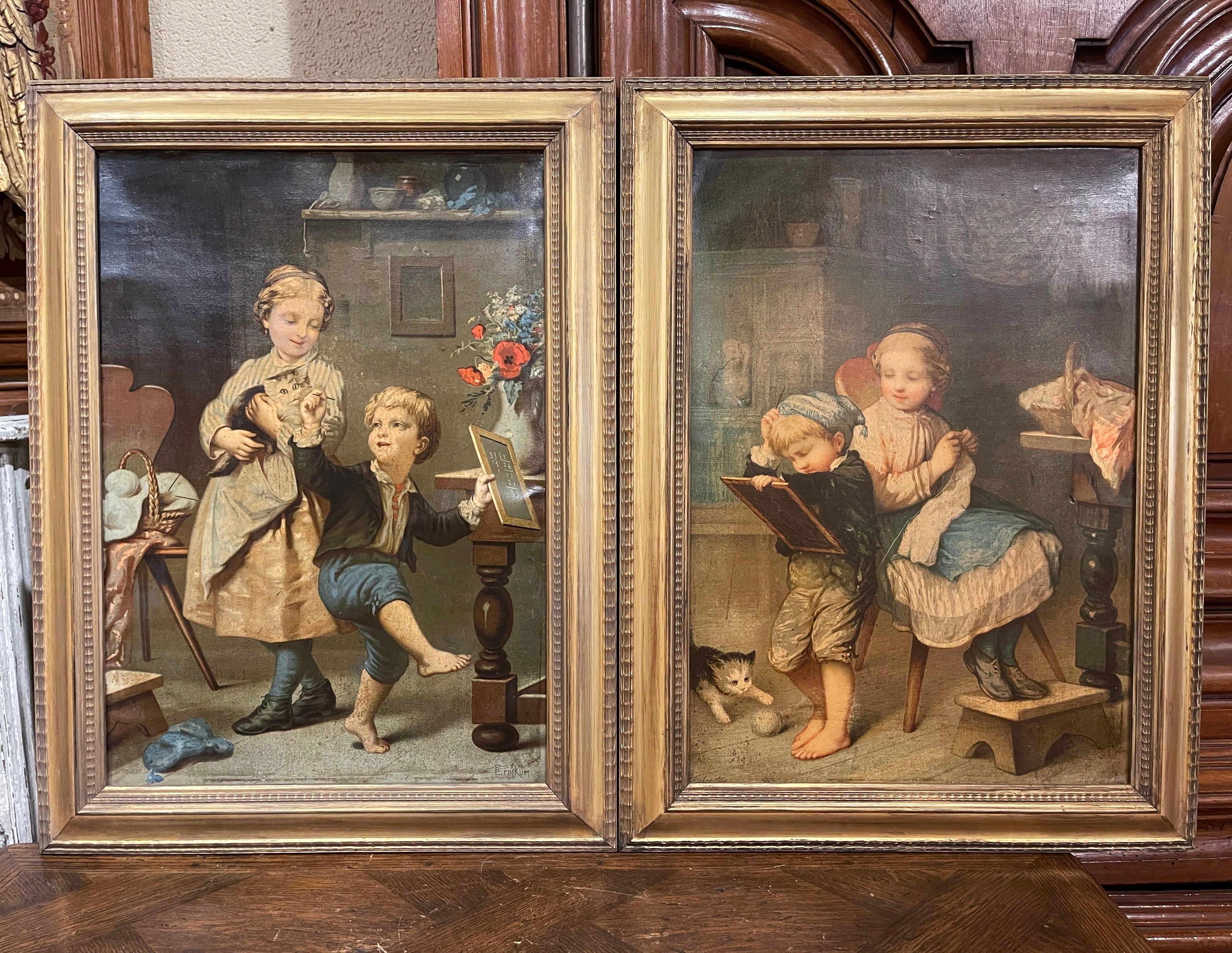 Pair of 19th Century French Signed Chromo Lithographs in Gilt Frames For Sale 1