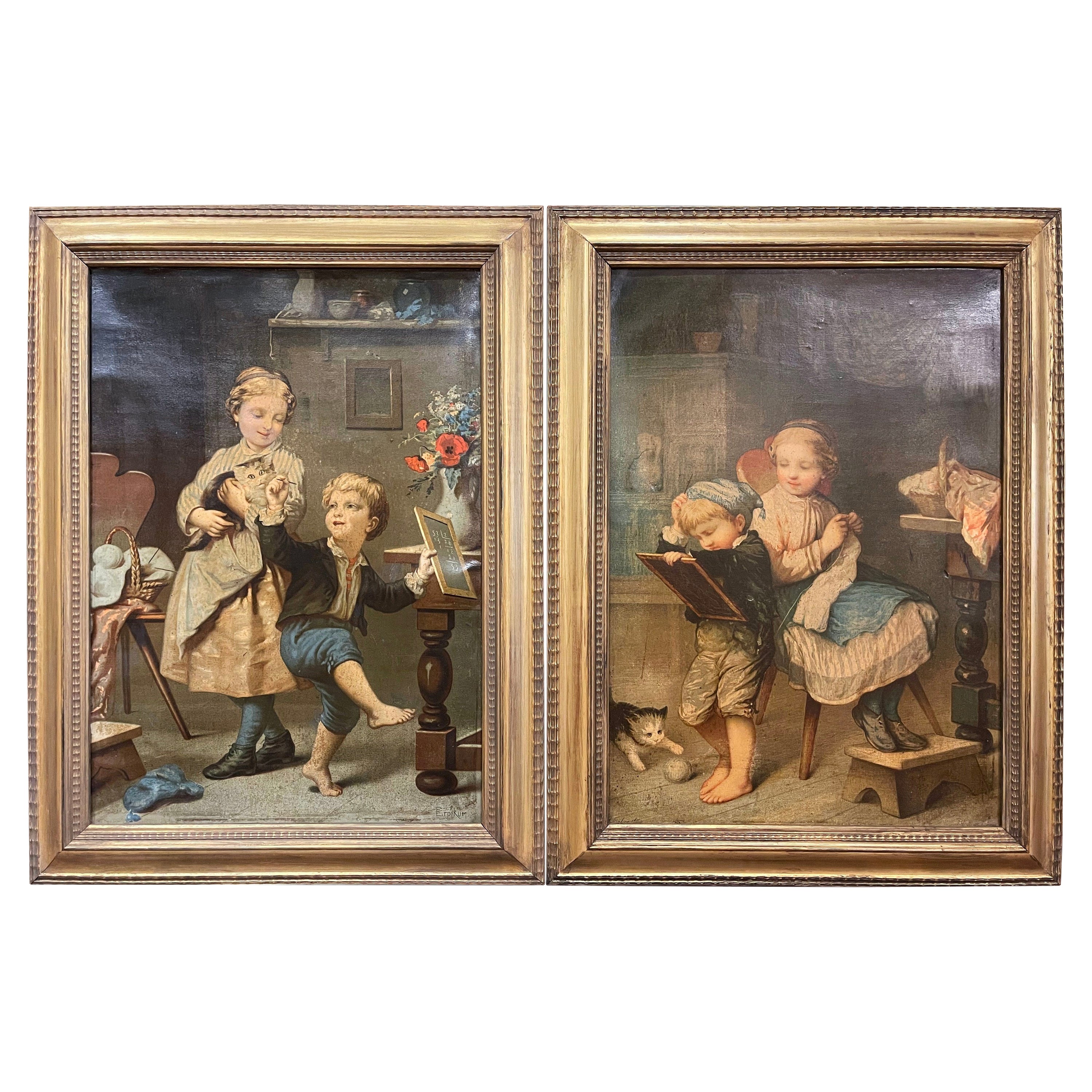 Paar französische signierte Chromo-Lithographien des 19. Jahrhunderts in vergoldeten Rahmen