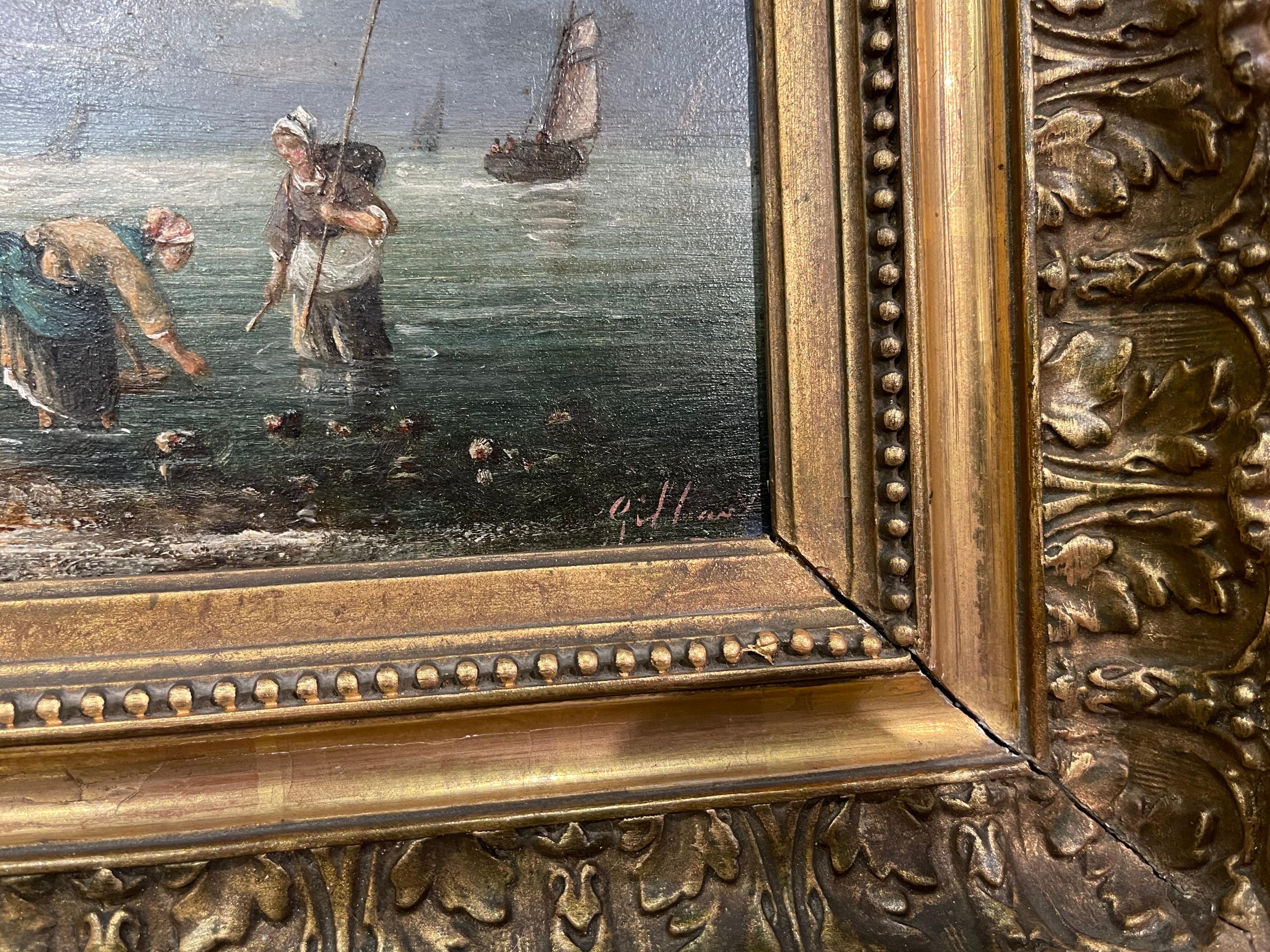 Pair of 19th Century French Signed Fishing Scenes Paintings in Carved Frames 5