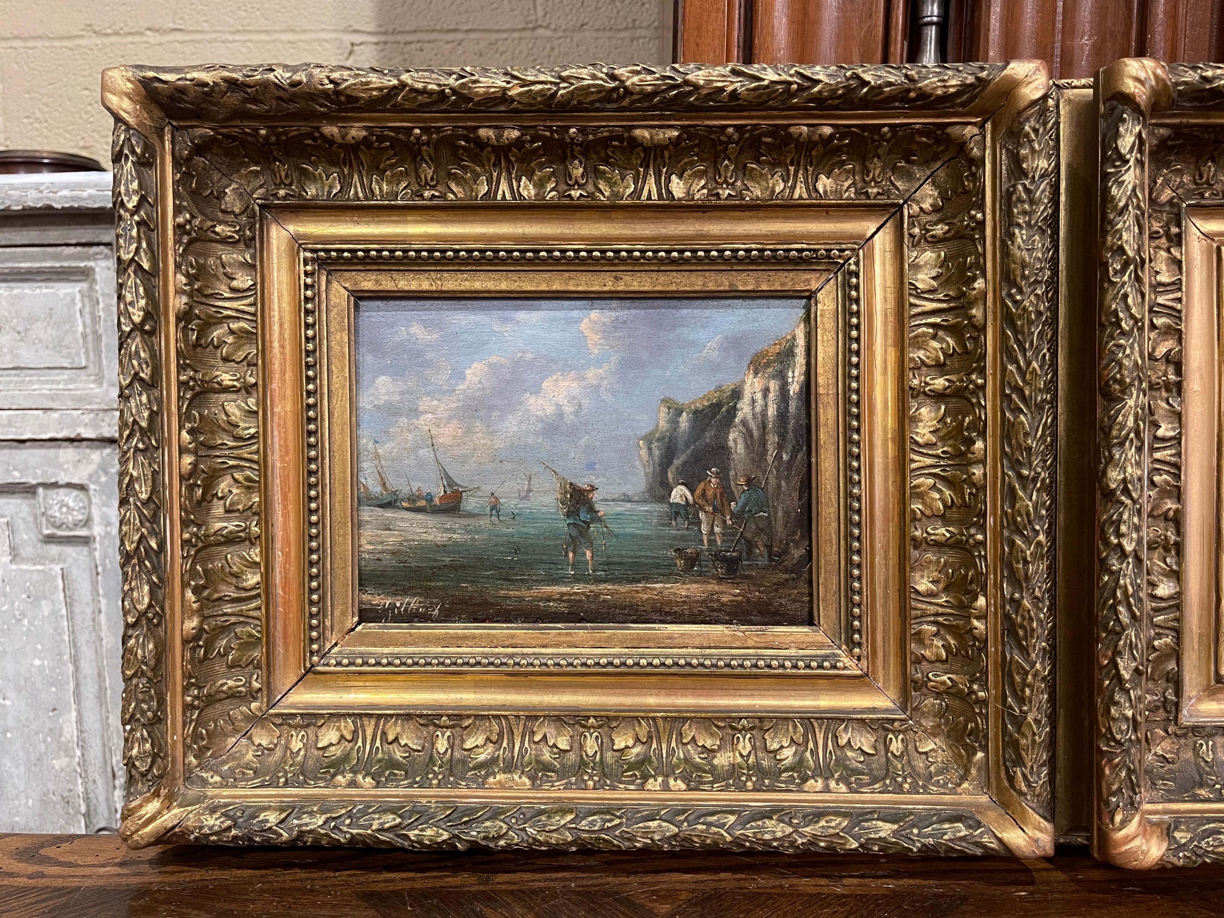 Hand-Painted Pair of 19th Century French Signed Fishing Scenes Paintings in Carved Frames