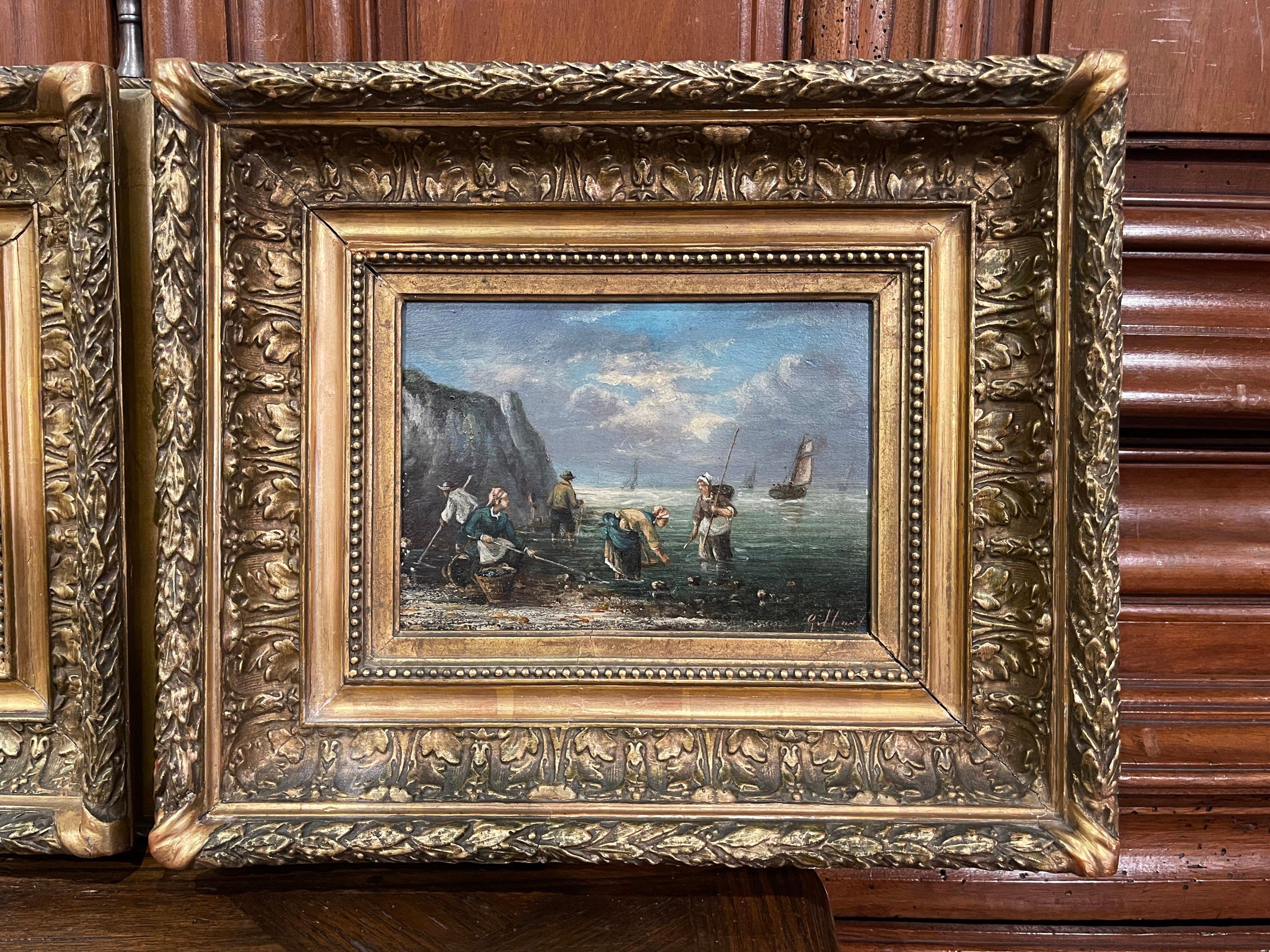 Pair of 19th Century French Signed Fishing Scenes Paintings in Carved Frames In Excellent Condition In Dallas, TX