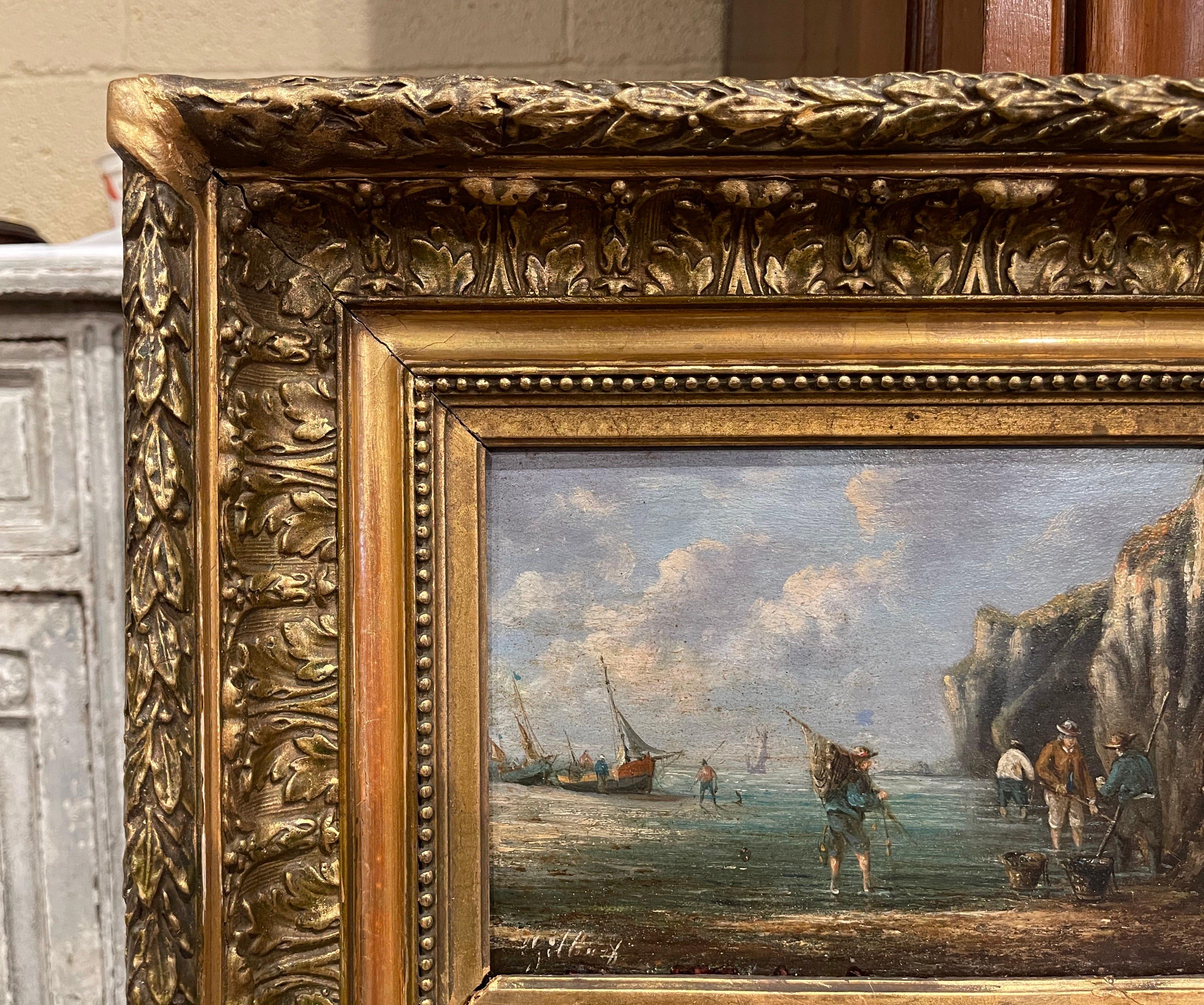 Giltwood Pair of 19th Century French Signed Fishing Scenes Paintings in Carved Frames