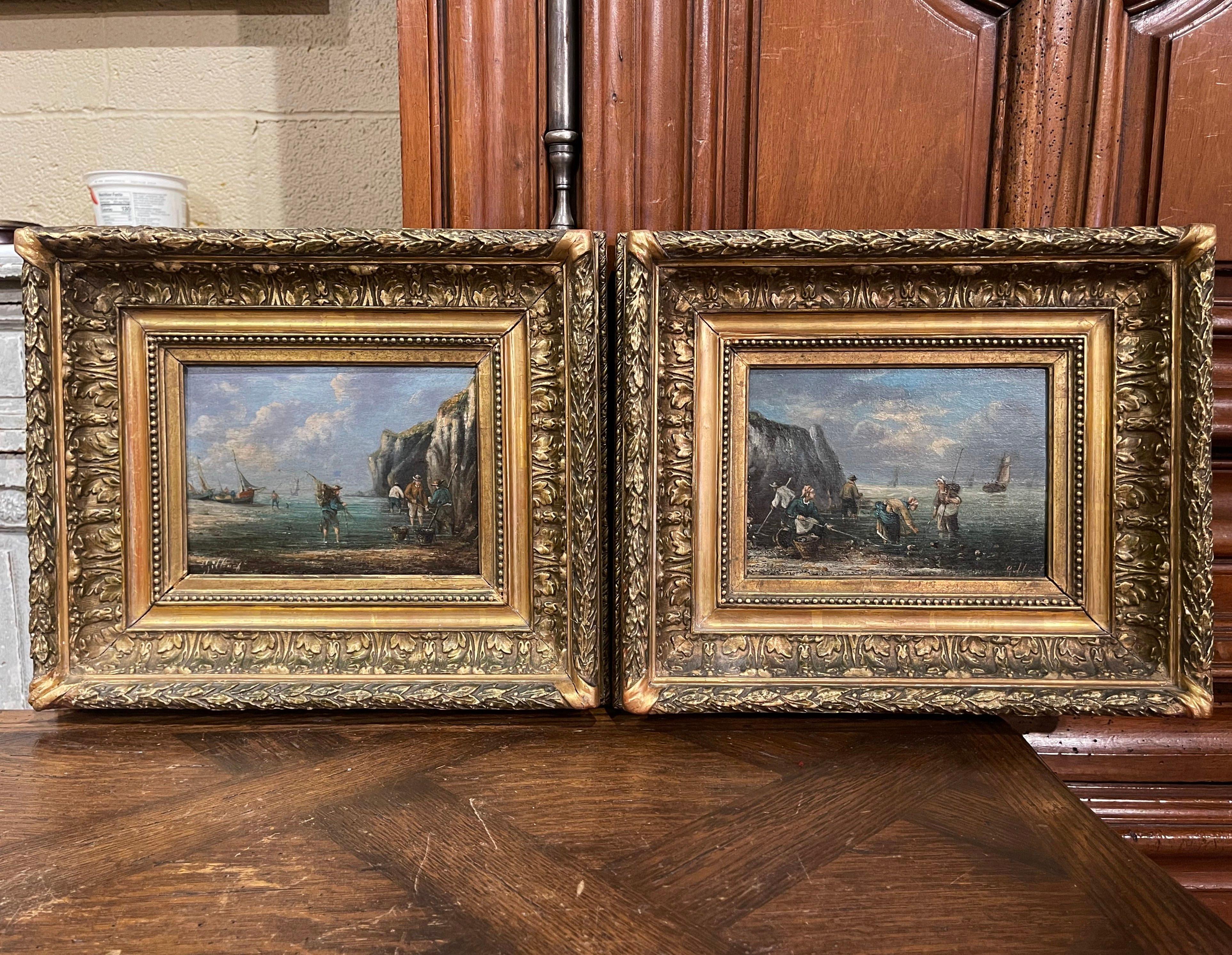 Pair of 19th Century French Signed Fishing Scenes Paintings in Carved Frames 1