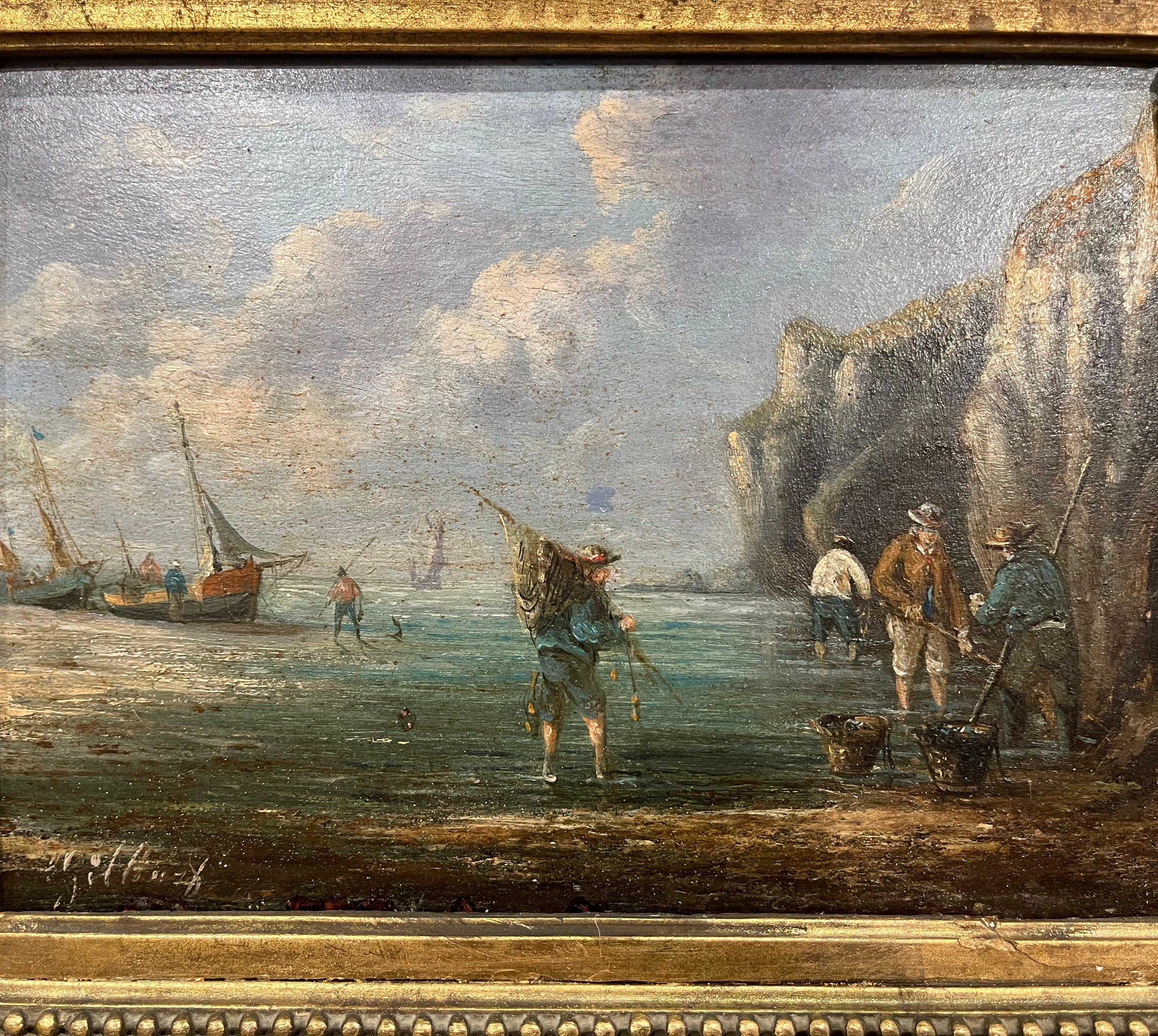 Pair of 19th Century French Signed Fishing Scenes Paintings in Carved Frames 2