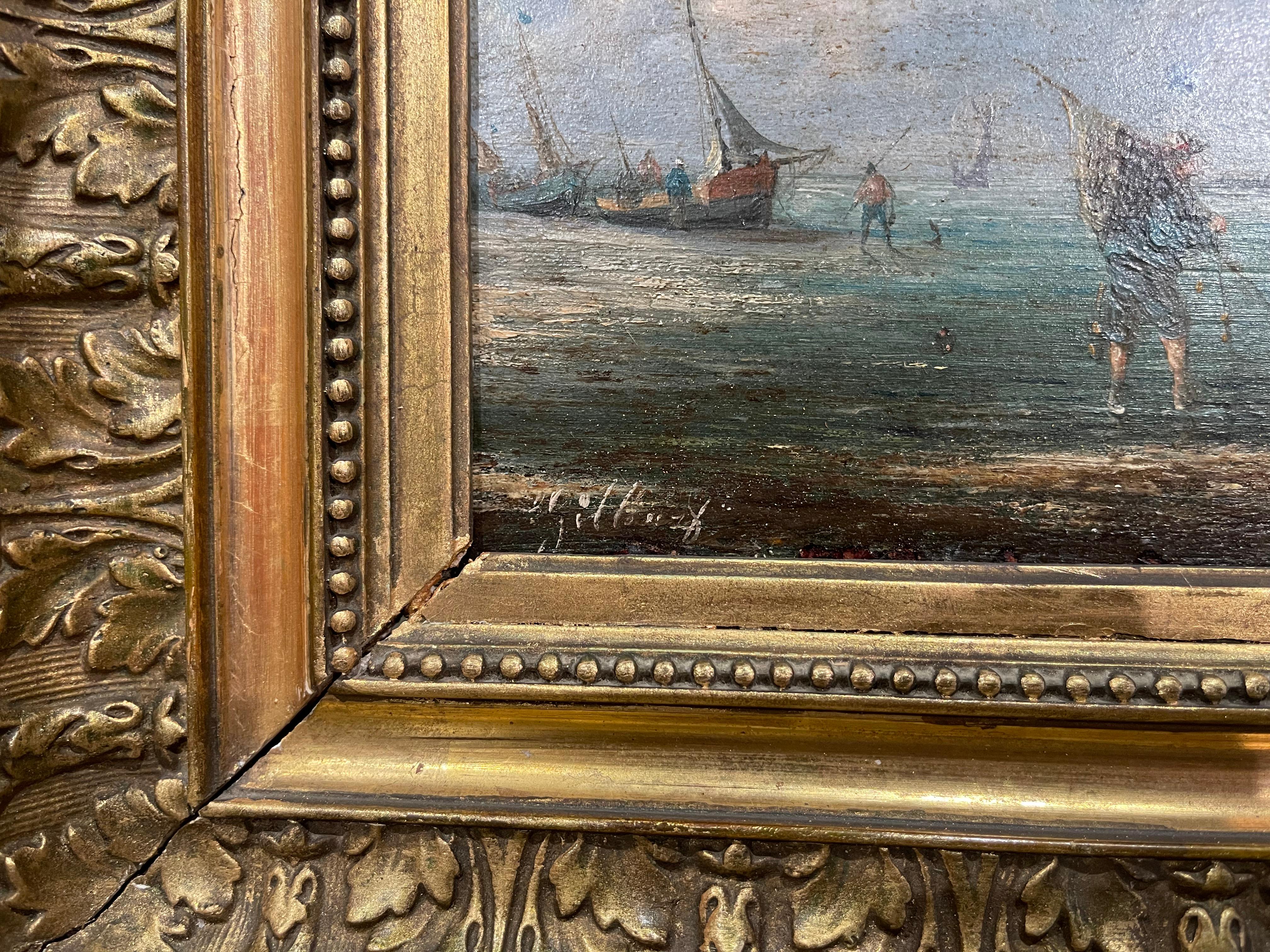 Pair of 19th Century French Signed Fishing Scenes Paintings in Carved Frames 3