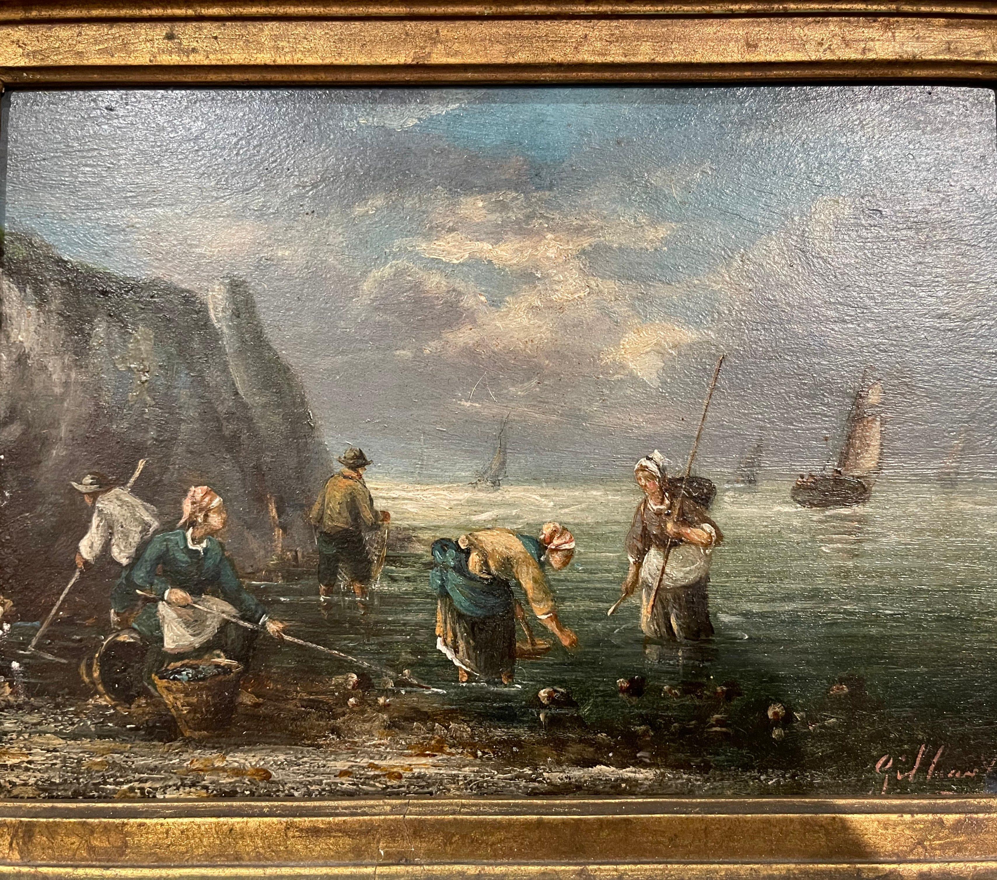 Pair of 19th Century French Signed Fishing Scenes Paintings in Carved Frames 4