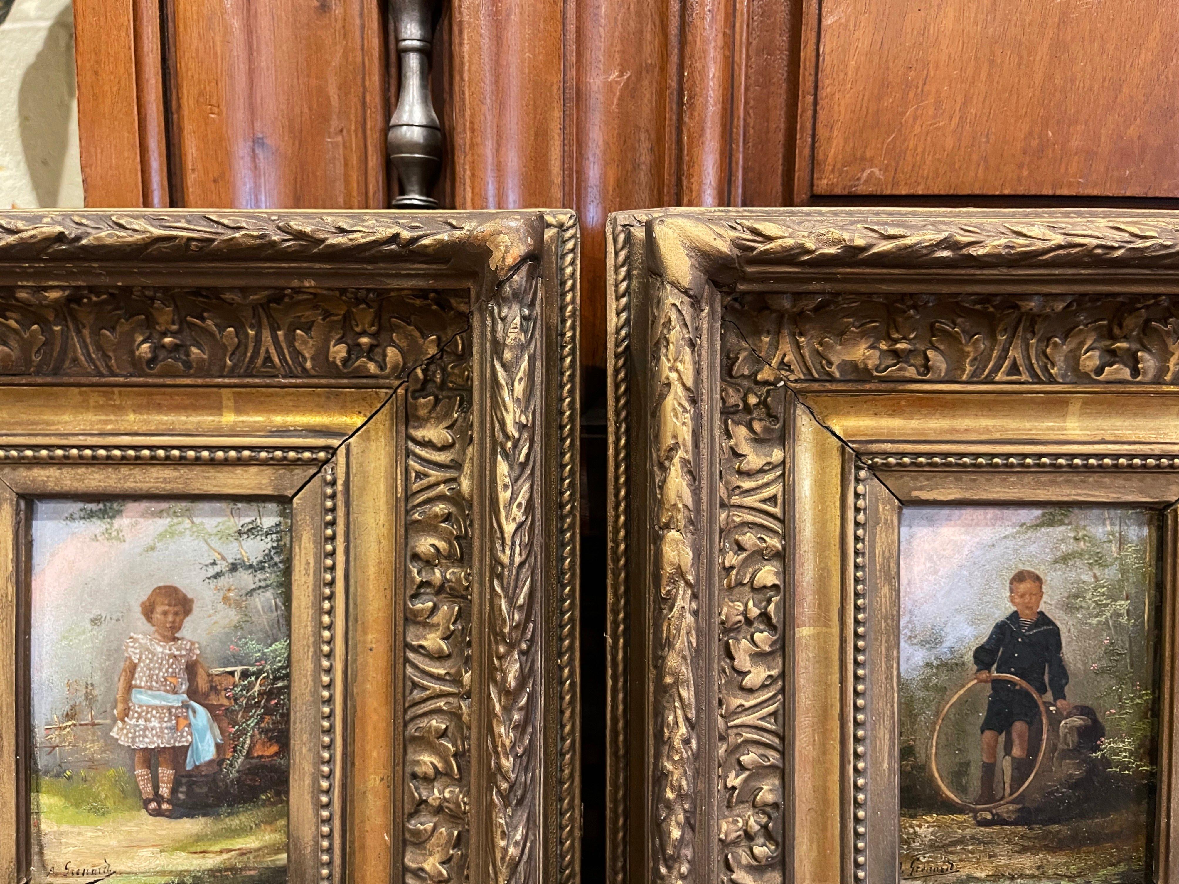 Pair of 19th Century French Signed Oil on Board Paintings in Carved Gilt Frames 3