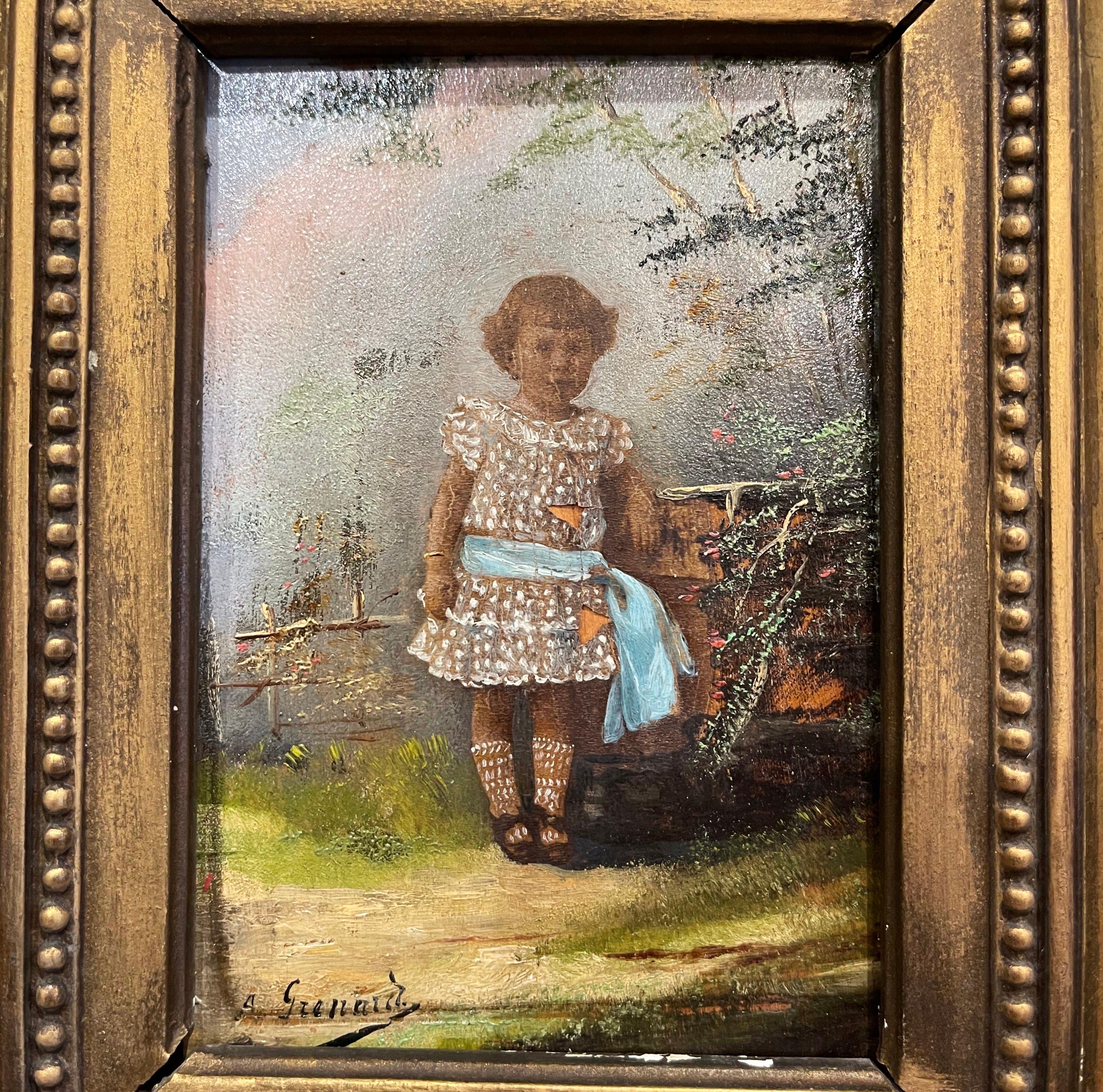 Hand-Painted Pair of 19th Century French Signed Oil on Board Paintings in Carved Gilt Frames