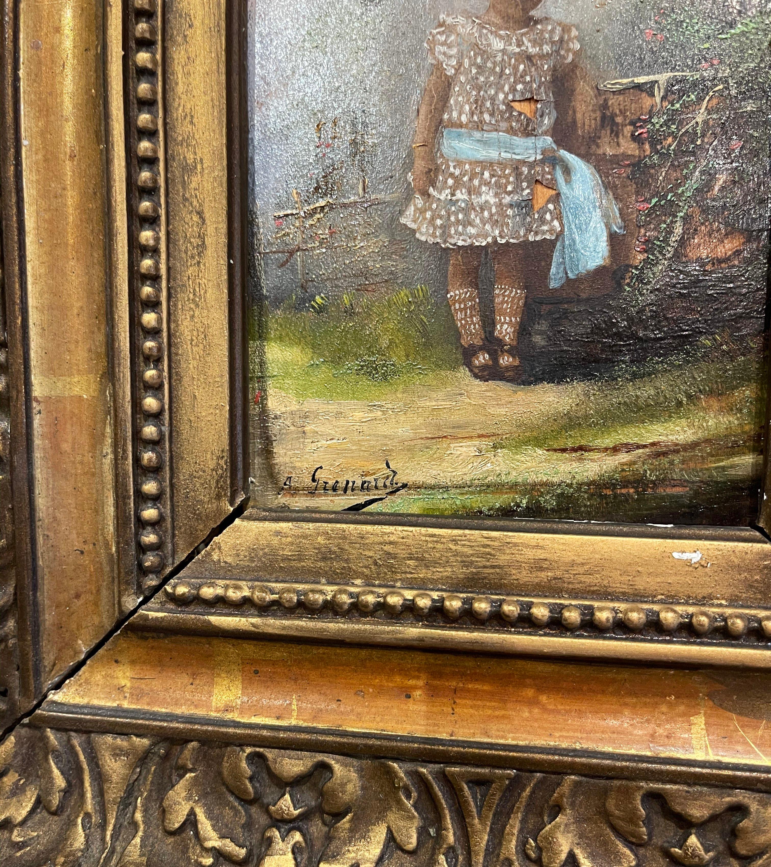 Wood Pair of 19th Century French Signed Oil on Board Paintings in Carved Gilt Frames