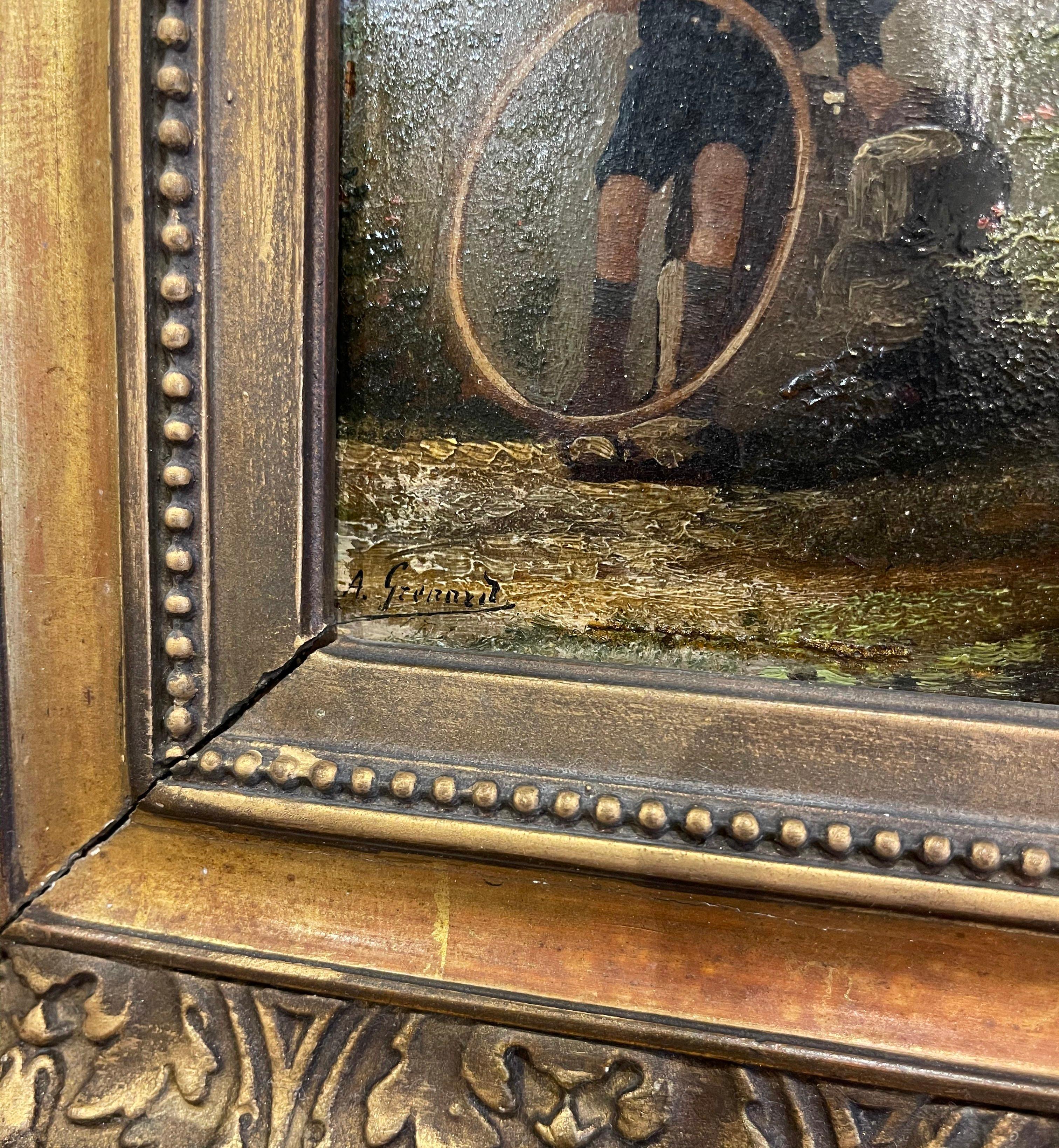 Pair of 19th Century French Signed Oil on Board Paintings in Carved Gilt Frames 1