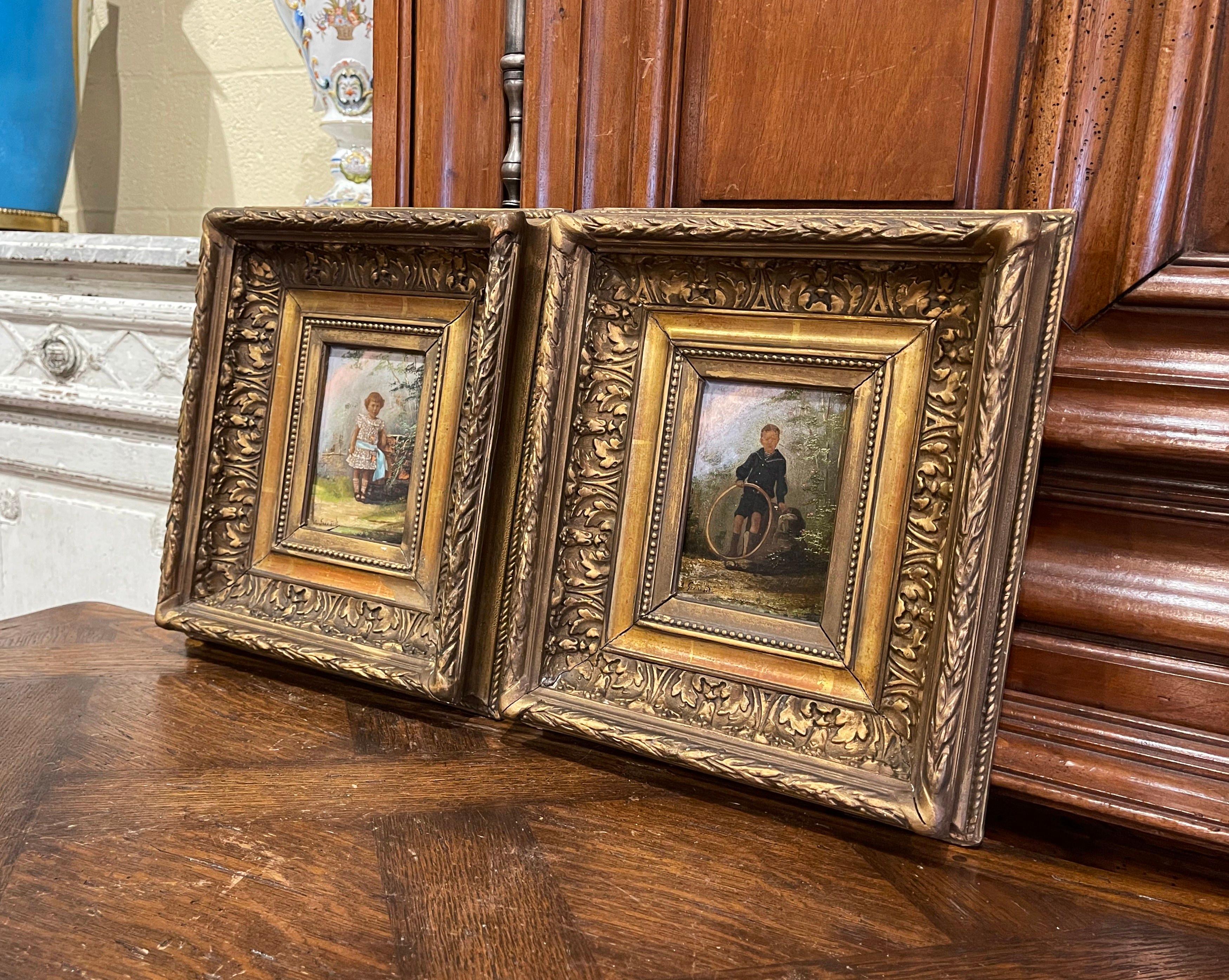 Pair of 19th Century French Signed Oil on Board Paintings in Carved Gilt Frames 3