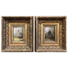 Pair of 19th Century French Signed Oil on Board Paintings in Carved Gilt Frames