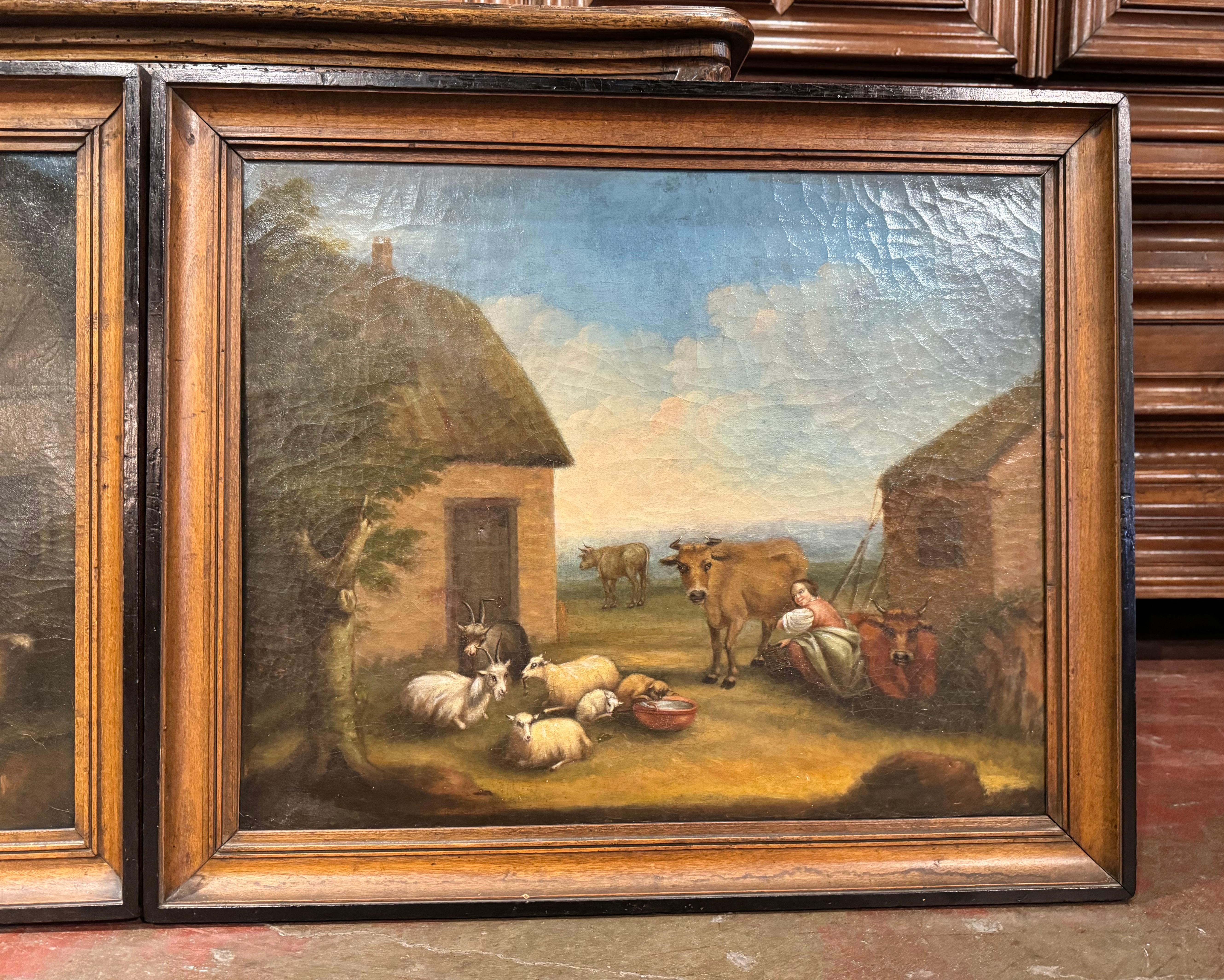 Hand-Carved Pair of 19th Century French Signed Pastoral Paintings in Blackened Frames For Sale