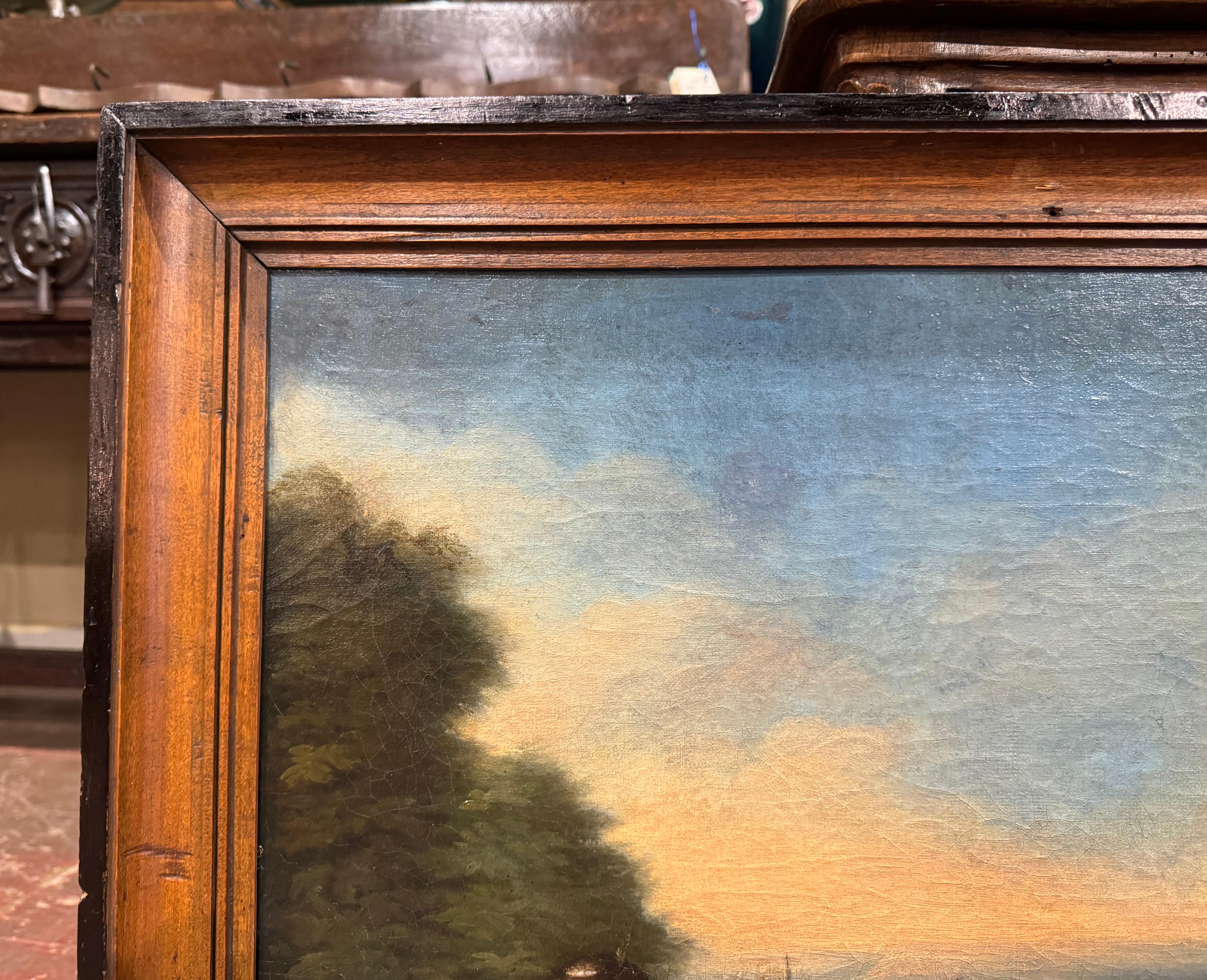 Canvas Pair of 19th Century French Signed Pastoral Paintings in Blackened Frames For Sale