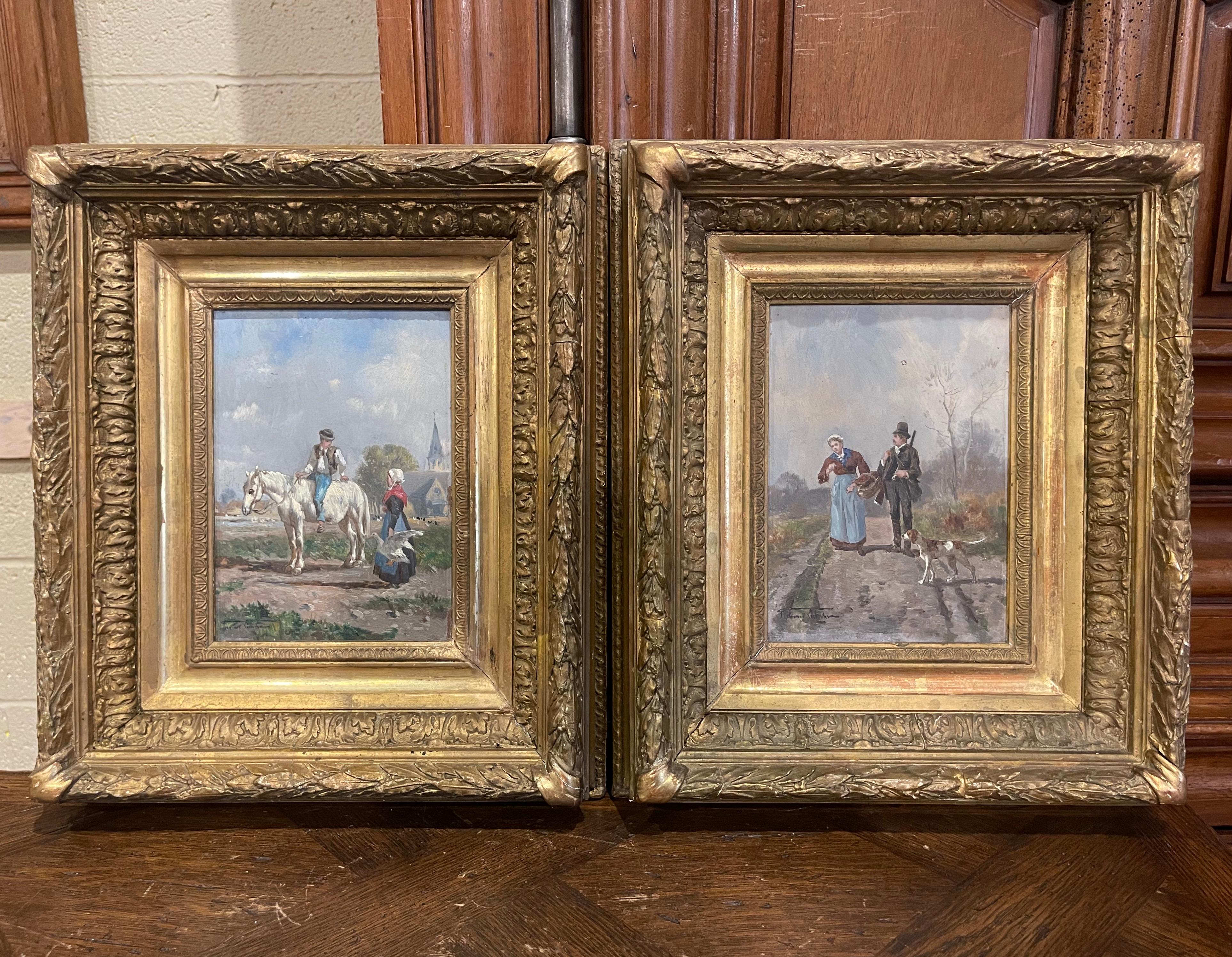 Pair of 19th Century French Signed Pastoral Paintings in Carved Giltwood Frames For Sale 6