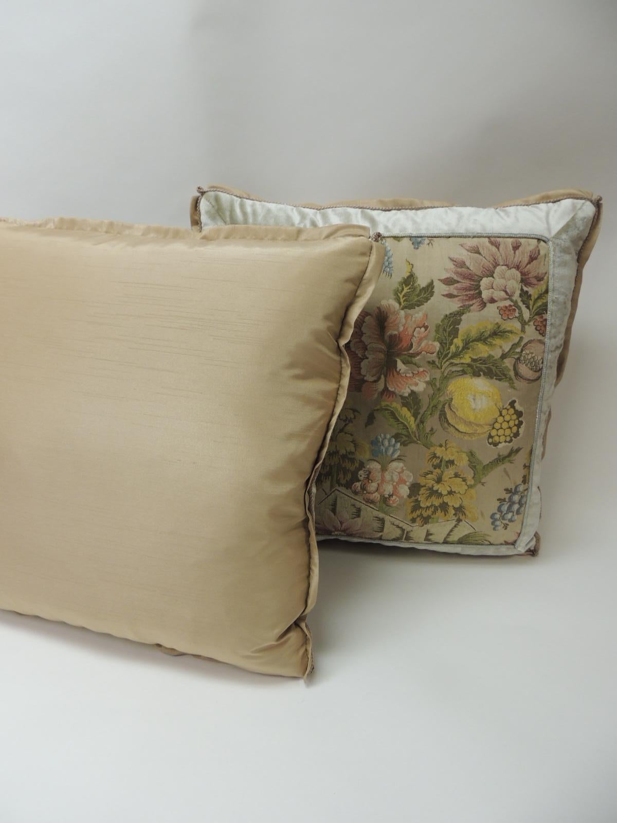 Hand-Crafted Pair of  Antique Green and Yellow French Silk Brocade Floral Decorative Pillows