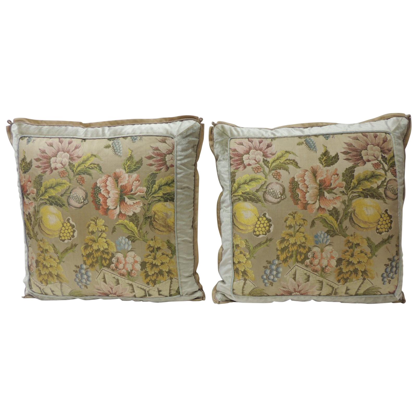 Pair of  Antique Green and Yellow French Silk Brocade Floral Decorative Pillows