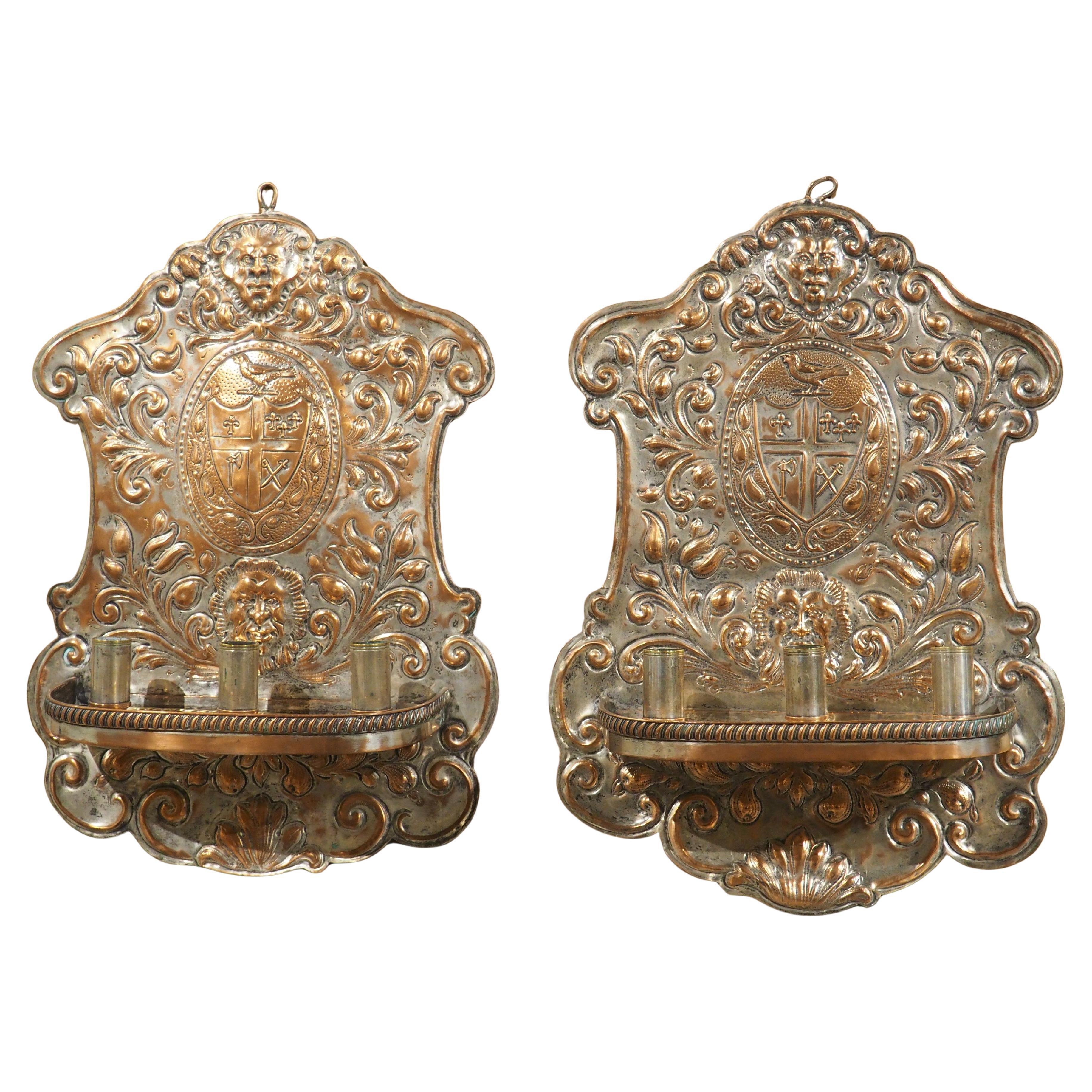 Pair of 19th Century French Silver Plated Copper Repousse 3-Light Wall Sconces en vente