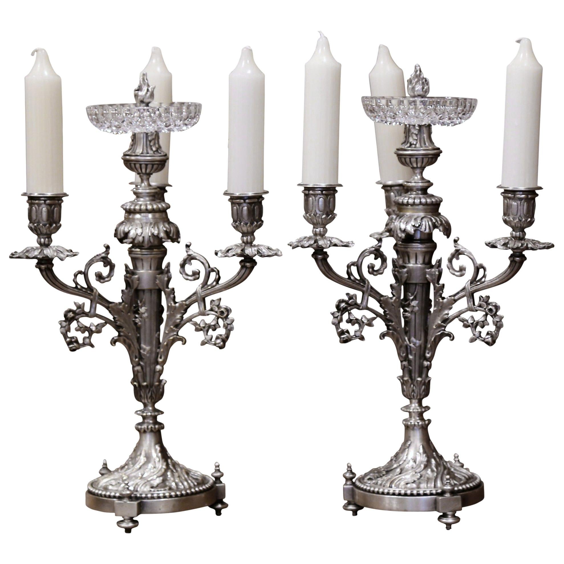 Pair of 19th Century French Silvered Bronze and Crystal Three-Light Candelabras