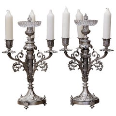 Pair of 19th Century French Silvered Bronze and Crystal Three-Light Candelabras