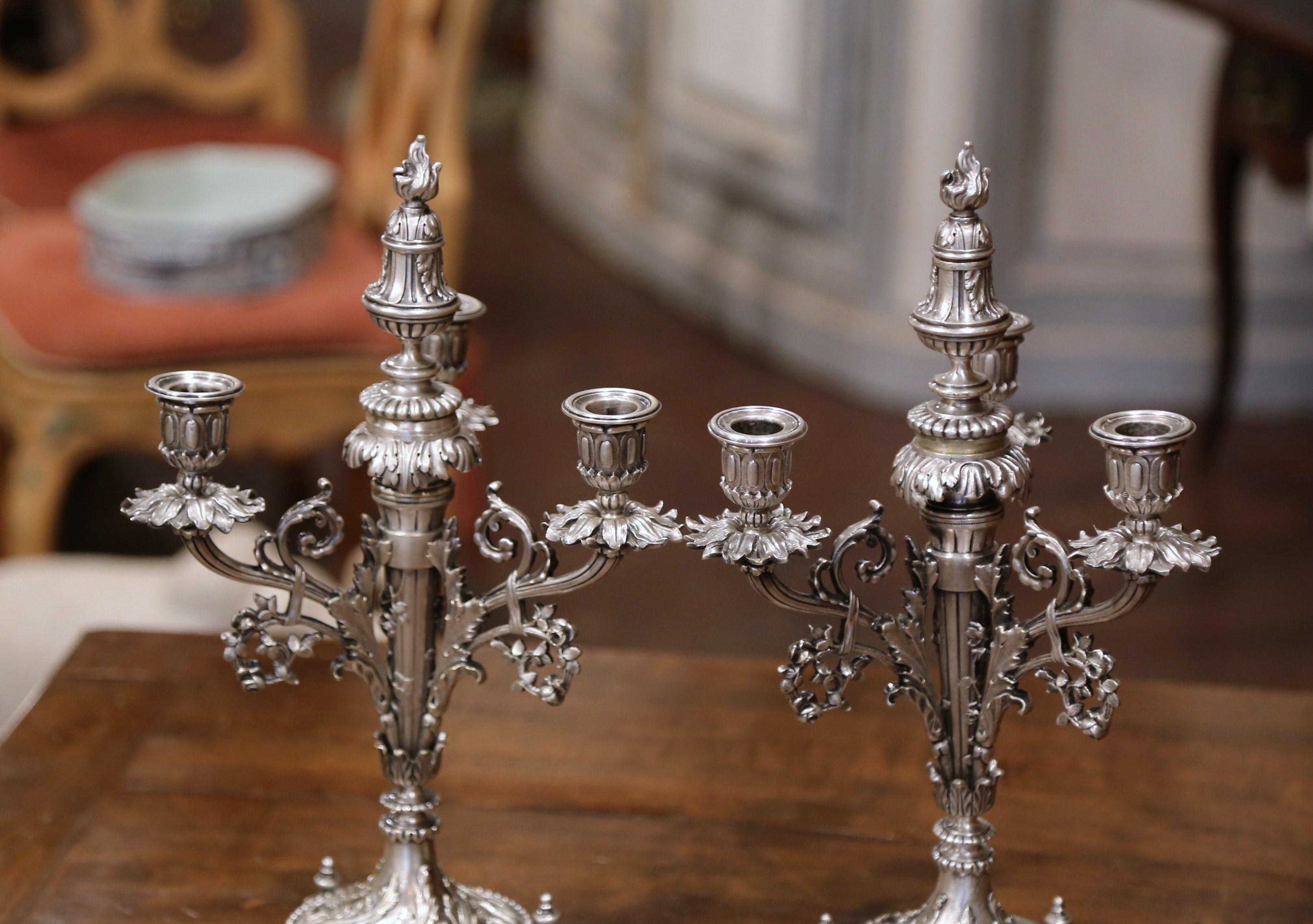 Pair of 19th Century French Silvered Bronze and Crystal Three-Light Candelabras 5