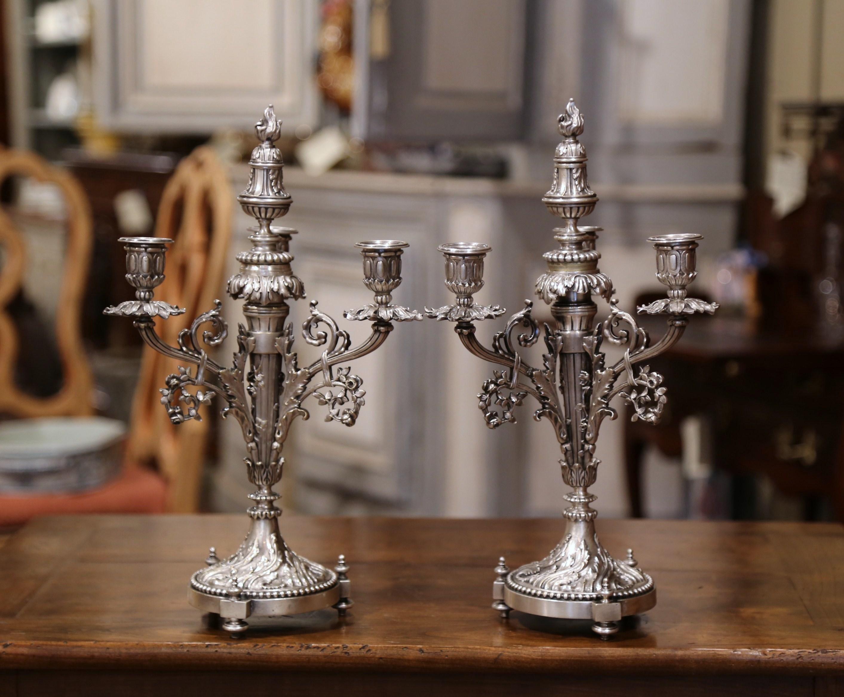 Pair of 19th Century French Silvered Bronze and Crystal Three-Light Candelabras 6