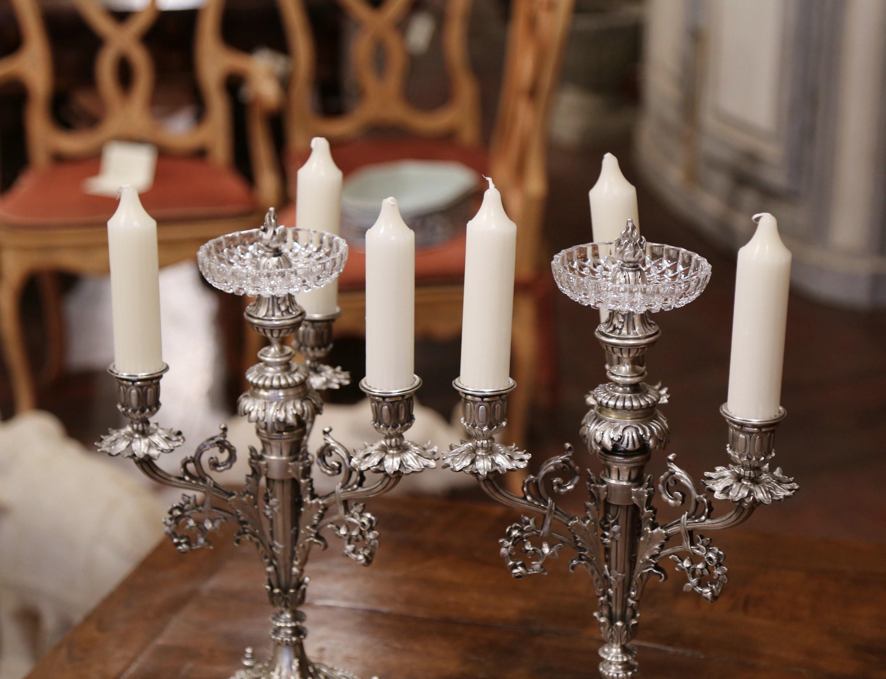 Louis XV Pair of 19th Century French Silvered Bronze and Crystal Three-Light Candelabras