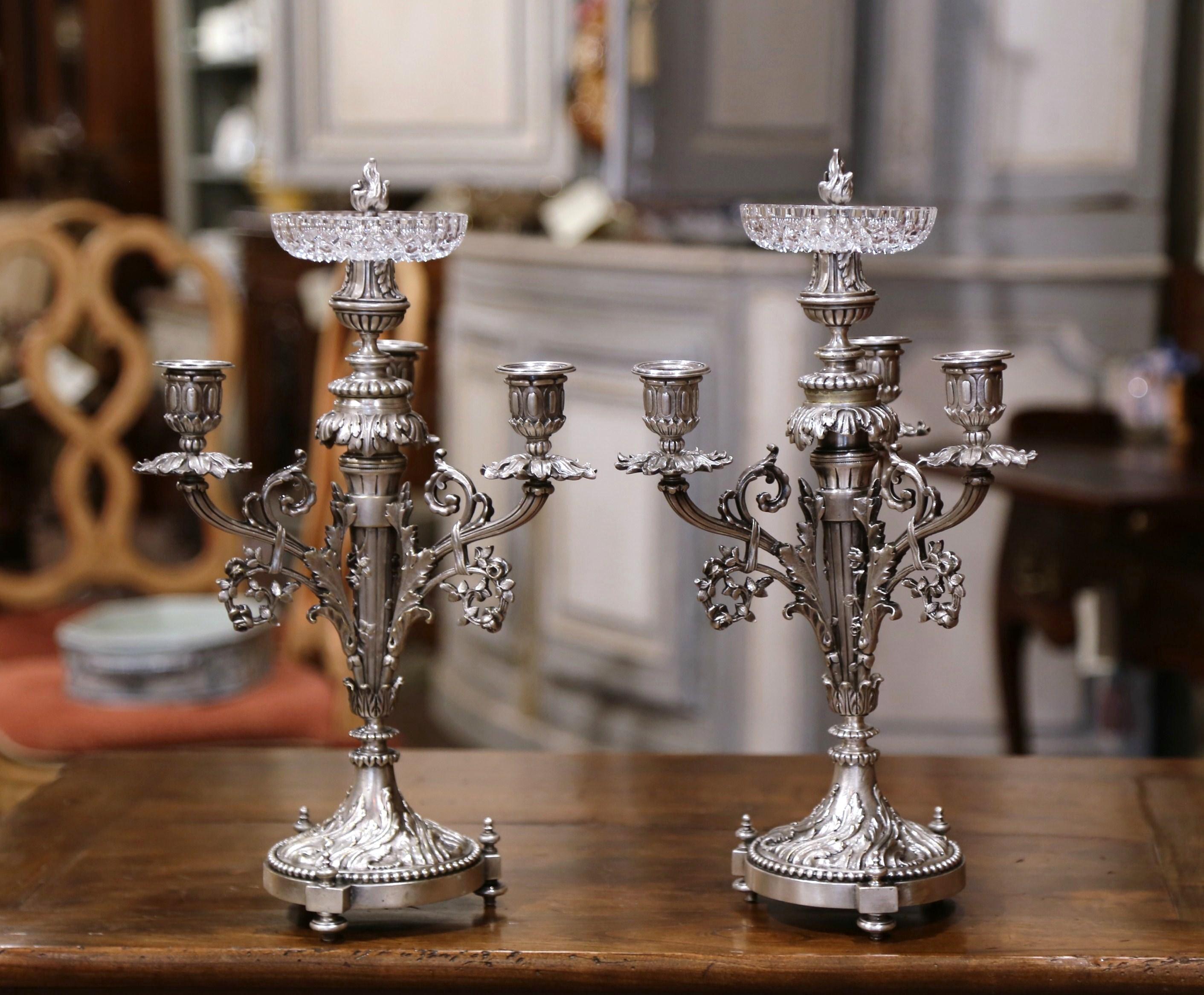 Hand-Crafted Pair of 19th Century French Silvered Bronze and Crystal Three-Light Candelabras