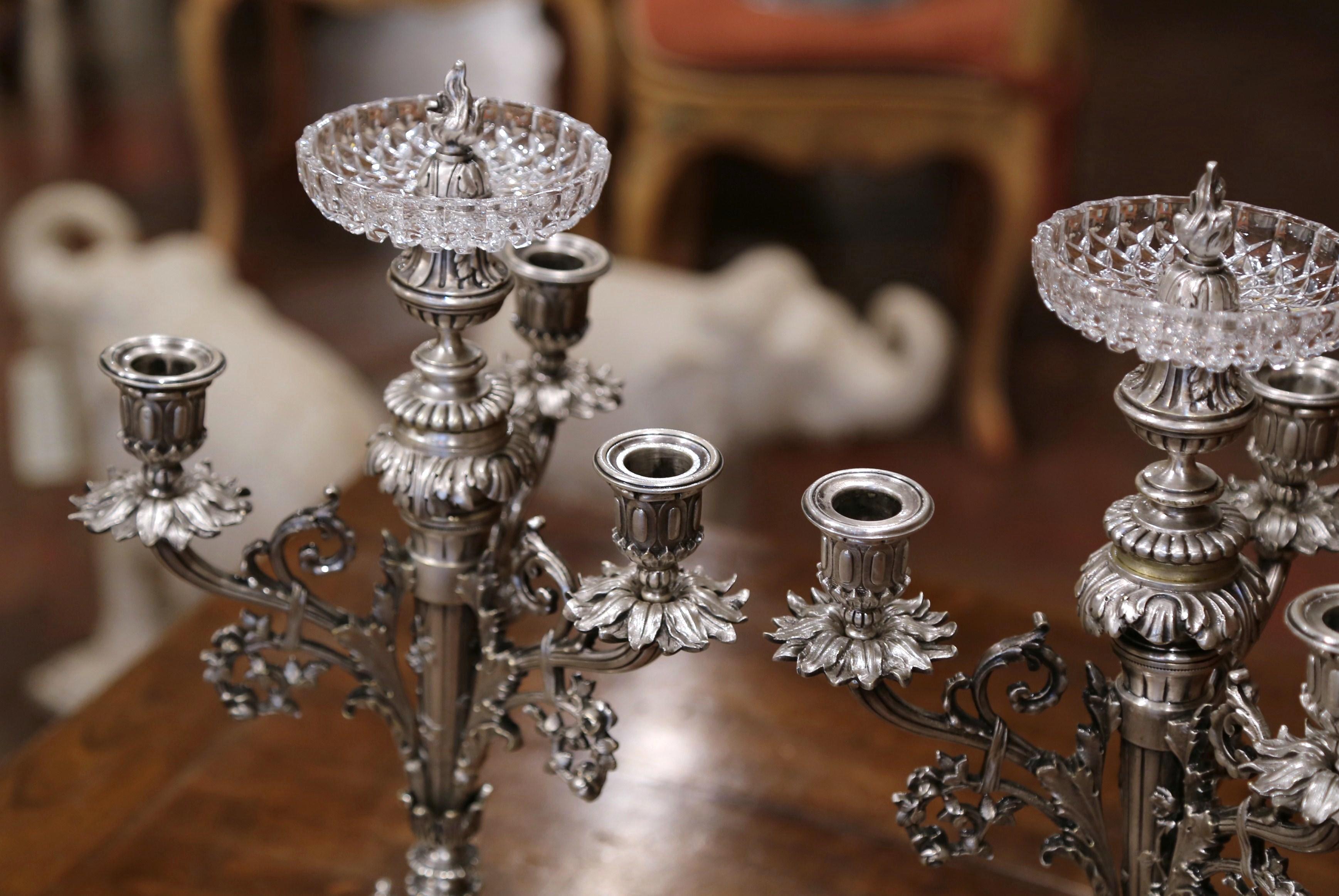 Pair of 19th Century French Silvered Bronze and Crystal Three-Light Candelabras In Excellent Condition In Dallas, TX