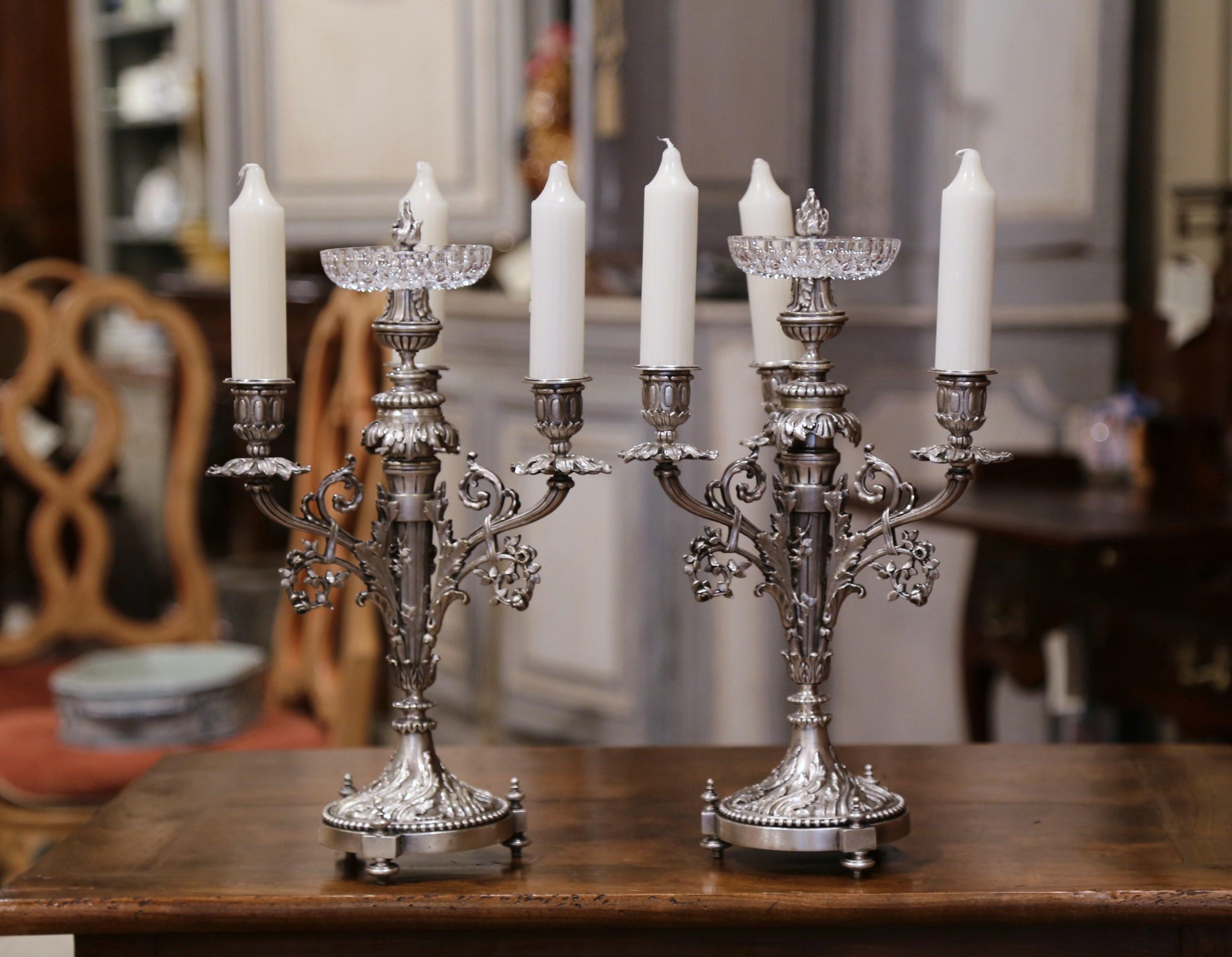Pair of 19th Century French Silvered Bronze and Crystal Three-Light Candelabras 1