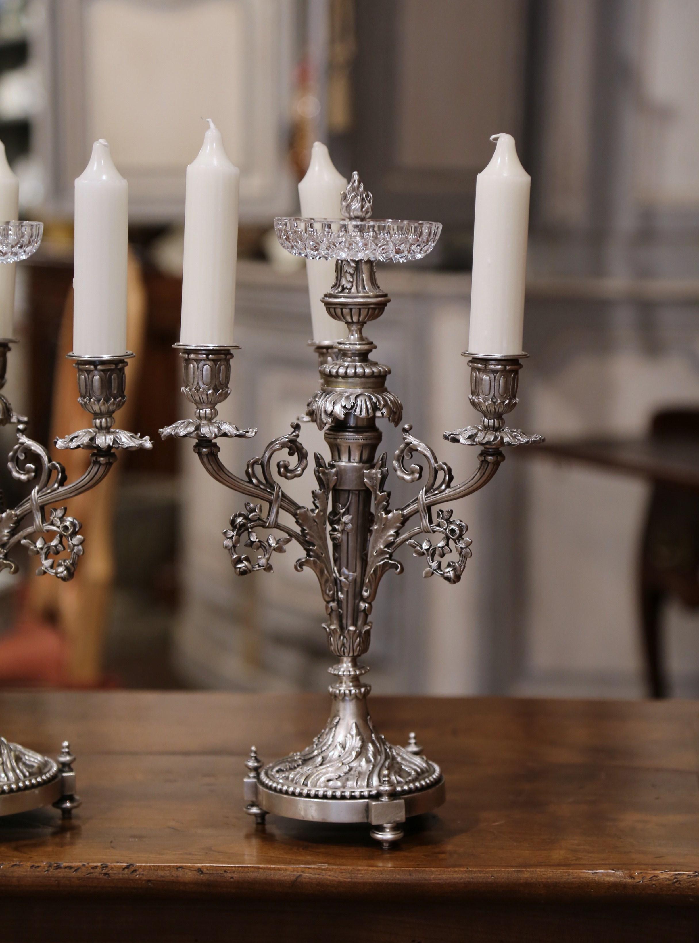 Pair of 19th Century French Silvered Bronze and Crystal Three-Light Candelabras 2
