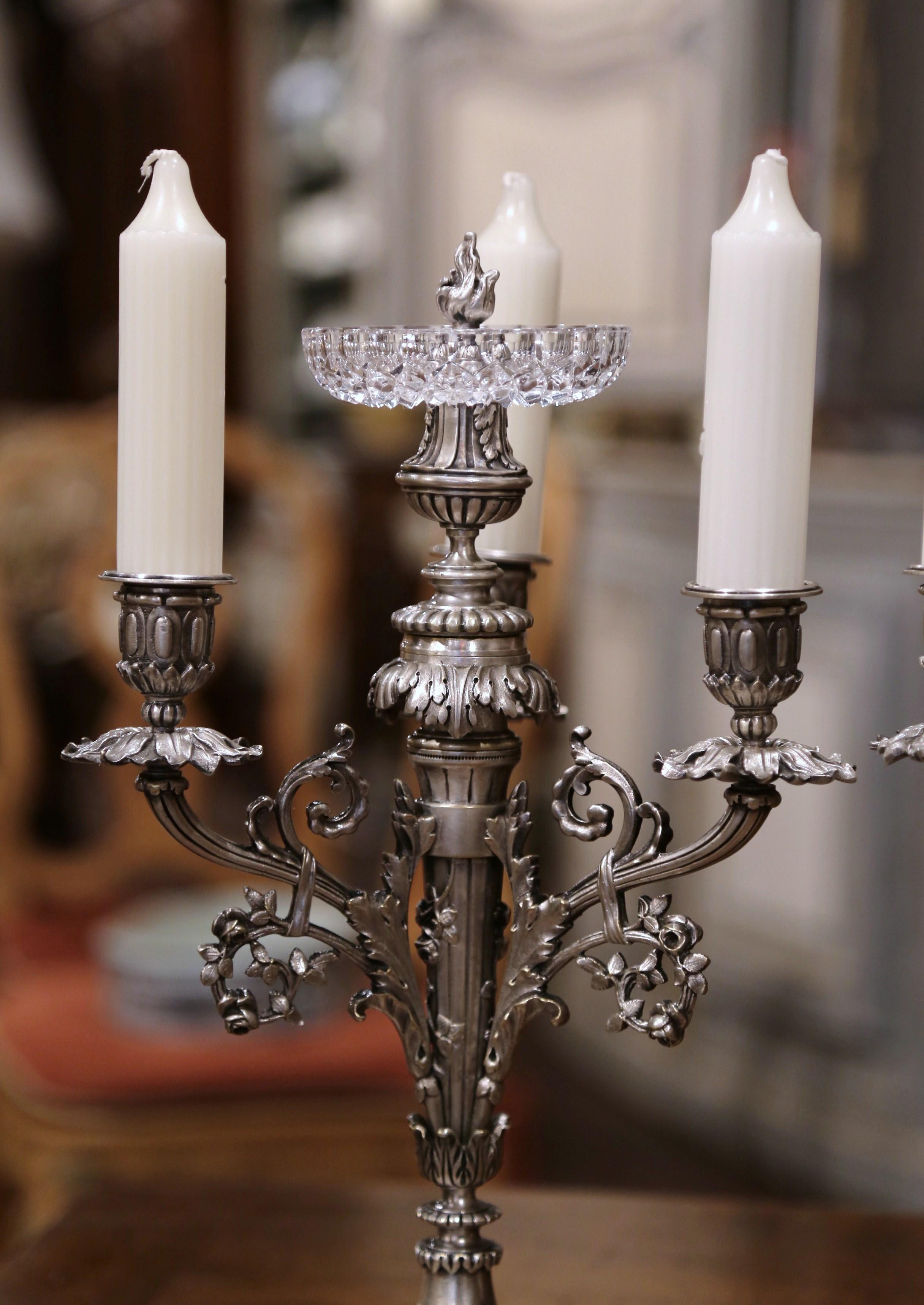Pair of 19th Century French Silvered Bronze and Crystal Three-Light Candelabras 4